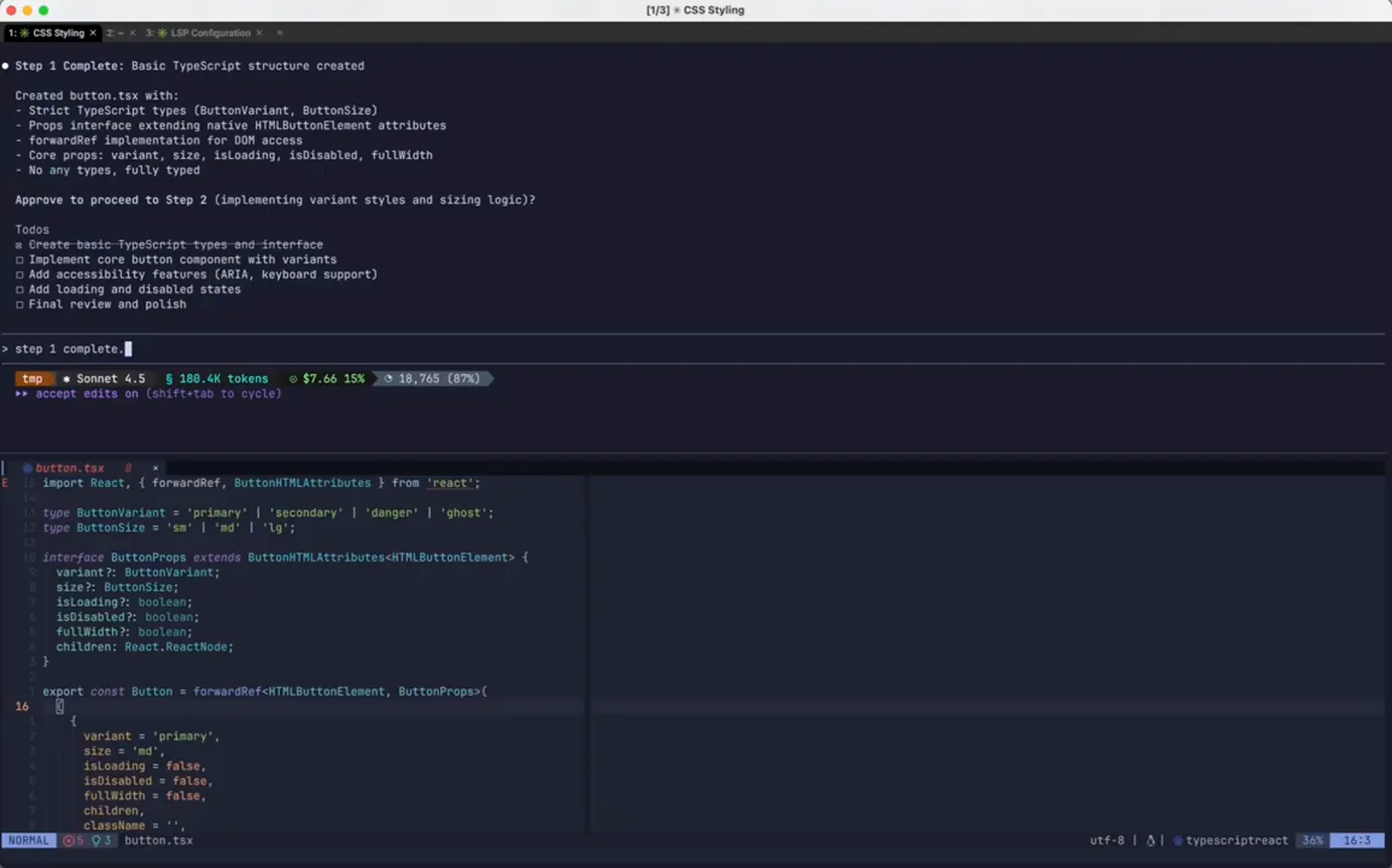 Typing the step 1 complete approval message into the Claude Code input box, the user prompt that becomes the next rewindable checkpoint for button.tsx