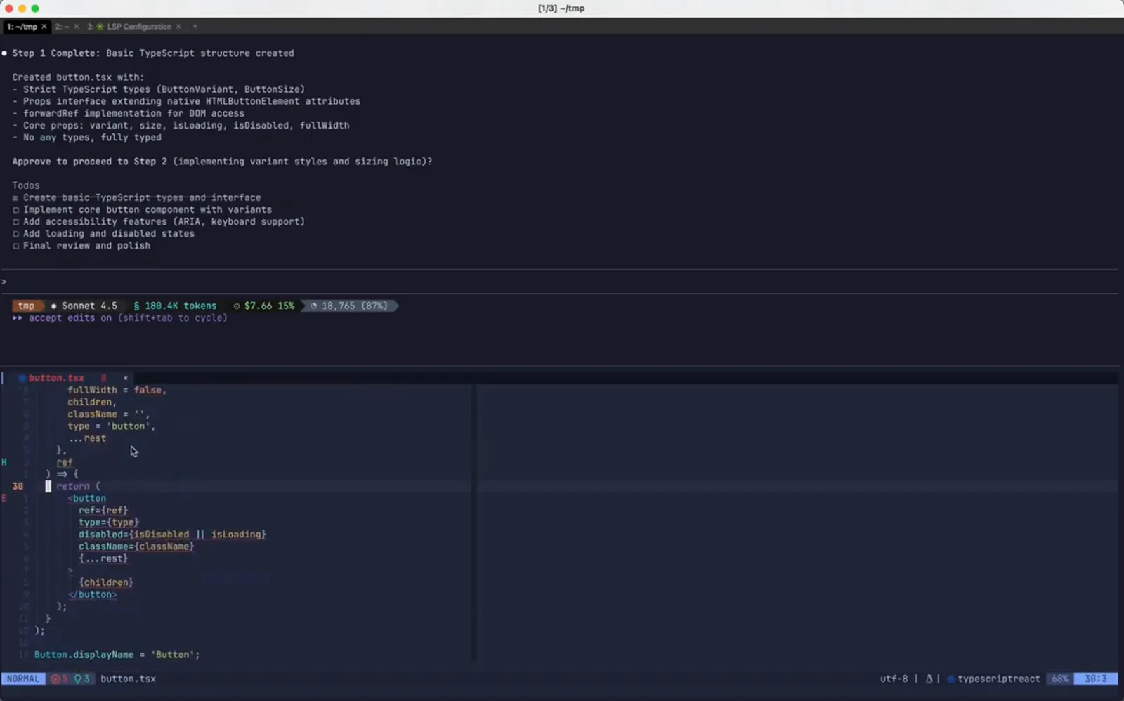 Claude Code reporting Step 1 Complete with a struck-through todo item while VS Code shows the freshly created button.tsx component that a later rewind can restore