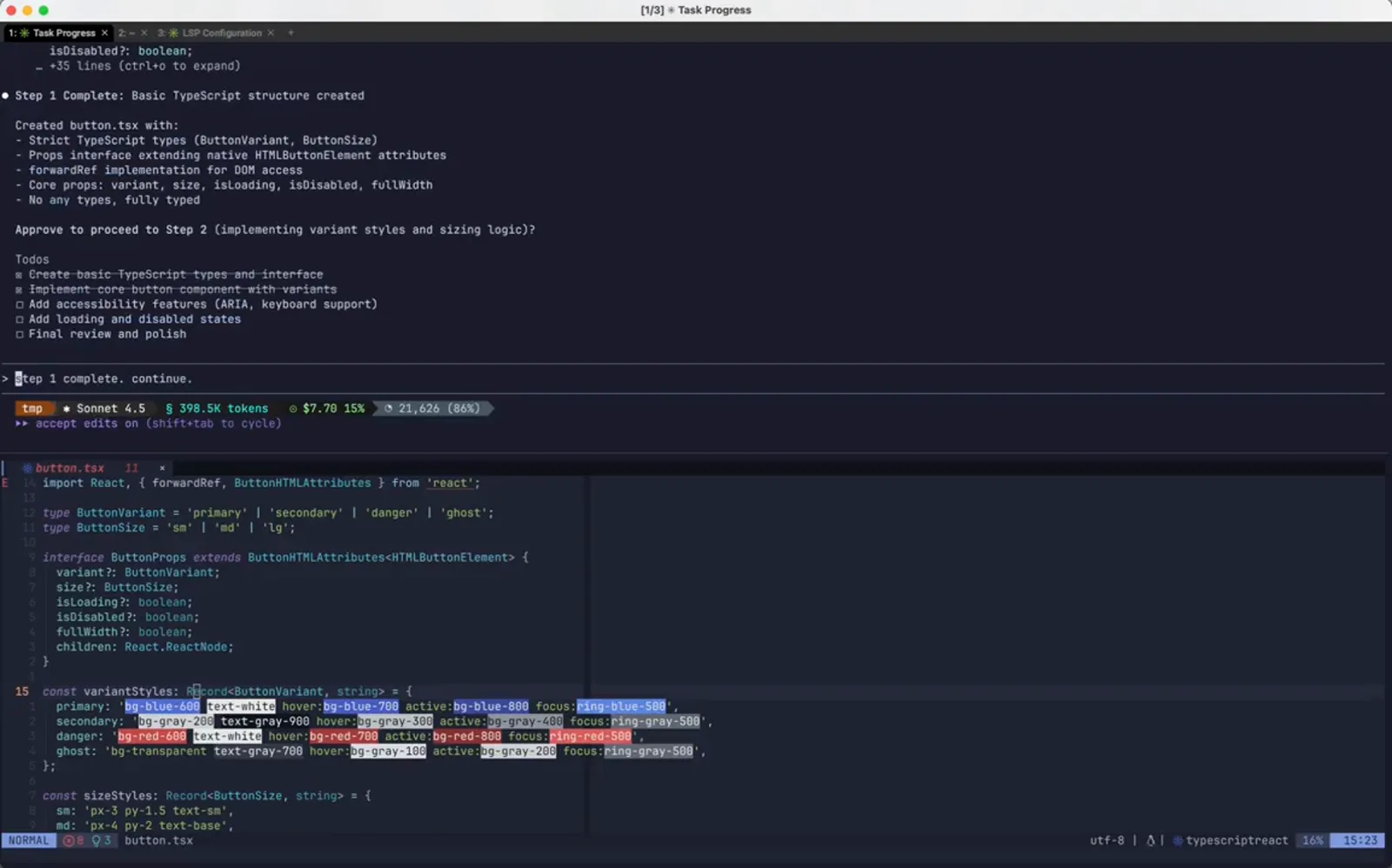 Claude Code immediately after a checkpoint restore, with the transcript back at Step 1 Complete and the original prompt sitting in the input box ready to reuse