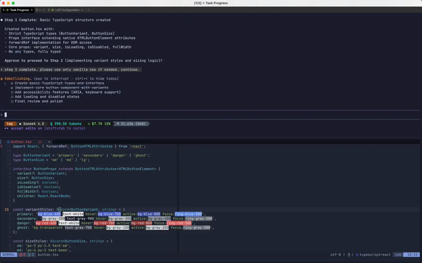 Claude Code running the amended step 1 complete please use only vanilla css prompt, showing the esc to interrupt hint and the untouched todo checklist after the rewind