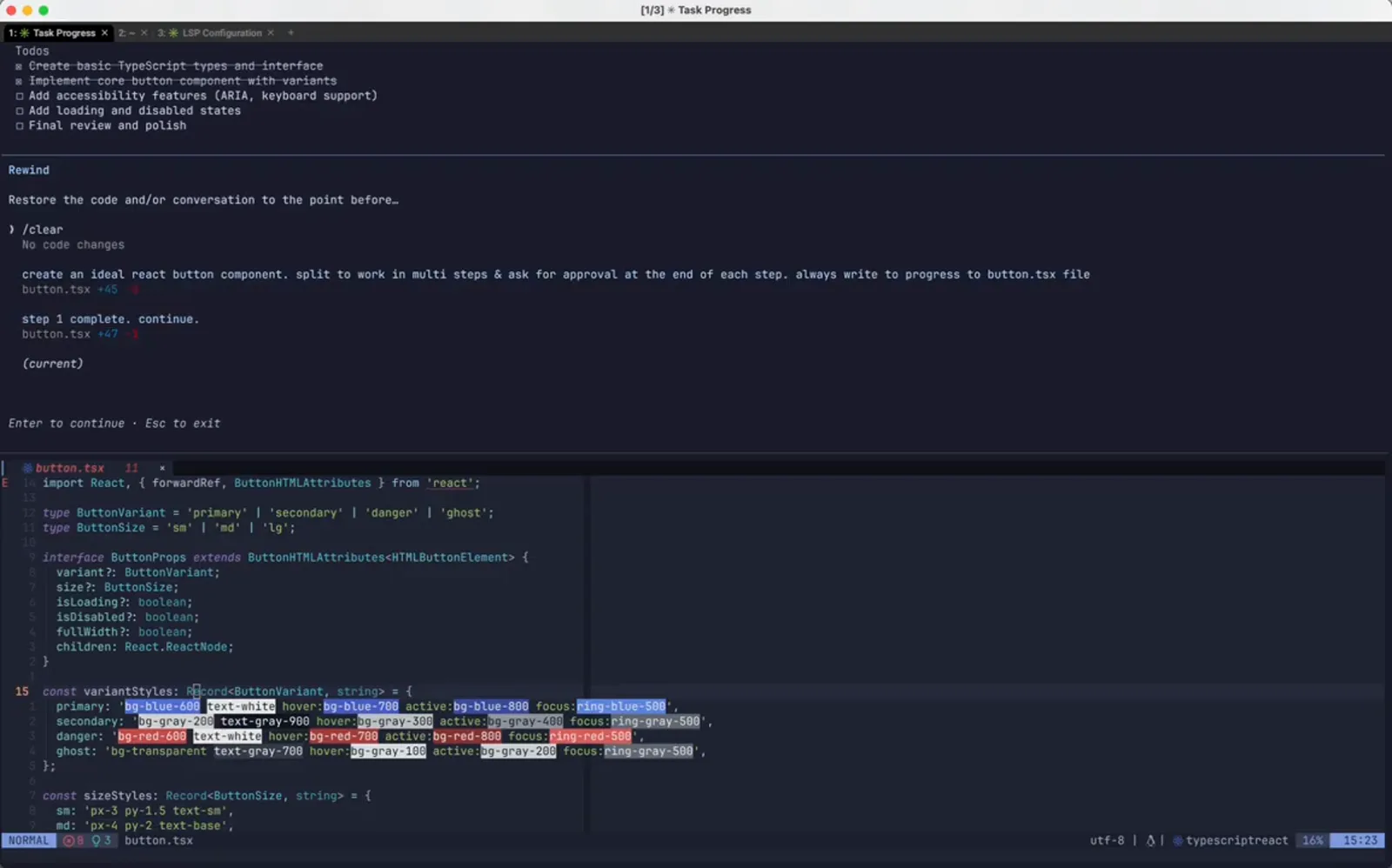 The Claude Code Rewind menu opened by pressing Escape twice, listing every prompt in the session with its per-file diff counts such as button.tsx +45 -0