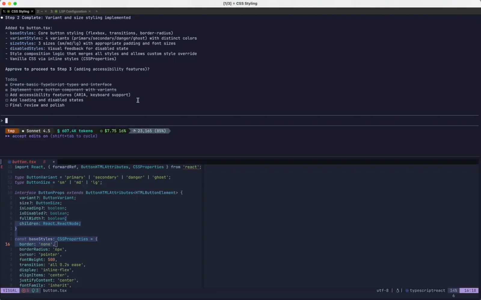 VS Code editor pane below a Claude Code session showing button.tsx with the CSSProperties import and a baseStyles object, the file state produced after restoring to an earlier checkpoint