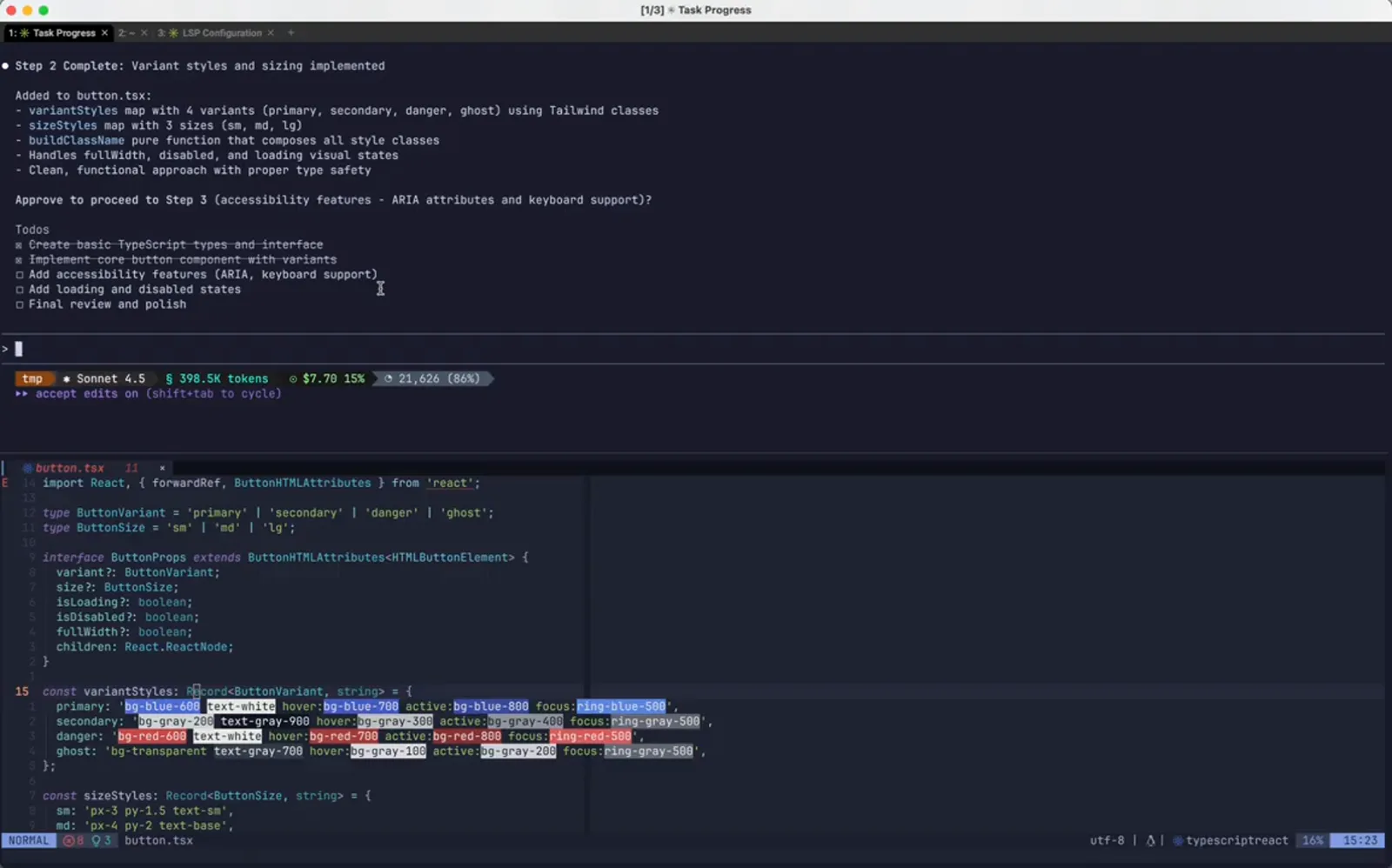 A Claude Code transcript where Step 2 Complete lists variantStyles and sizeStyles maps built from Tailwind classes, with VS Code highlighting the bg-blue-600 utility strings the author now wants gone