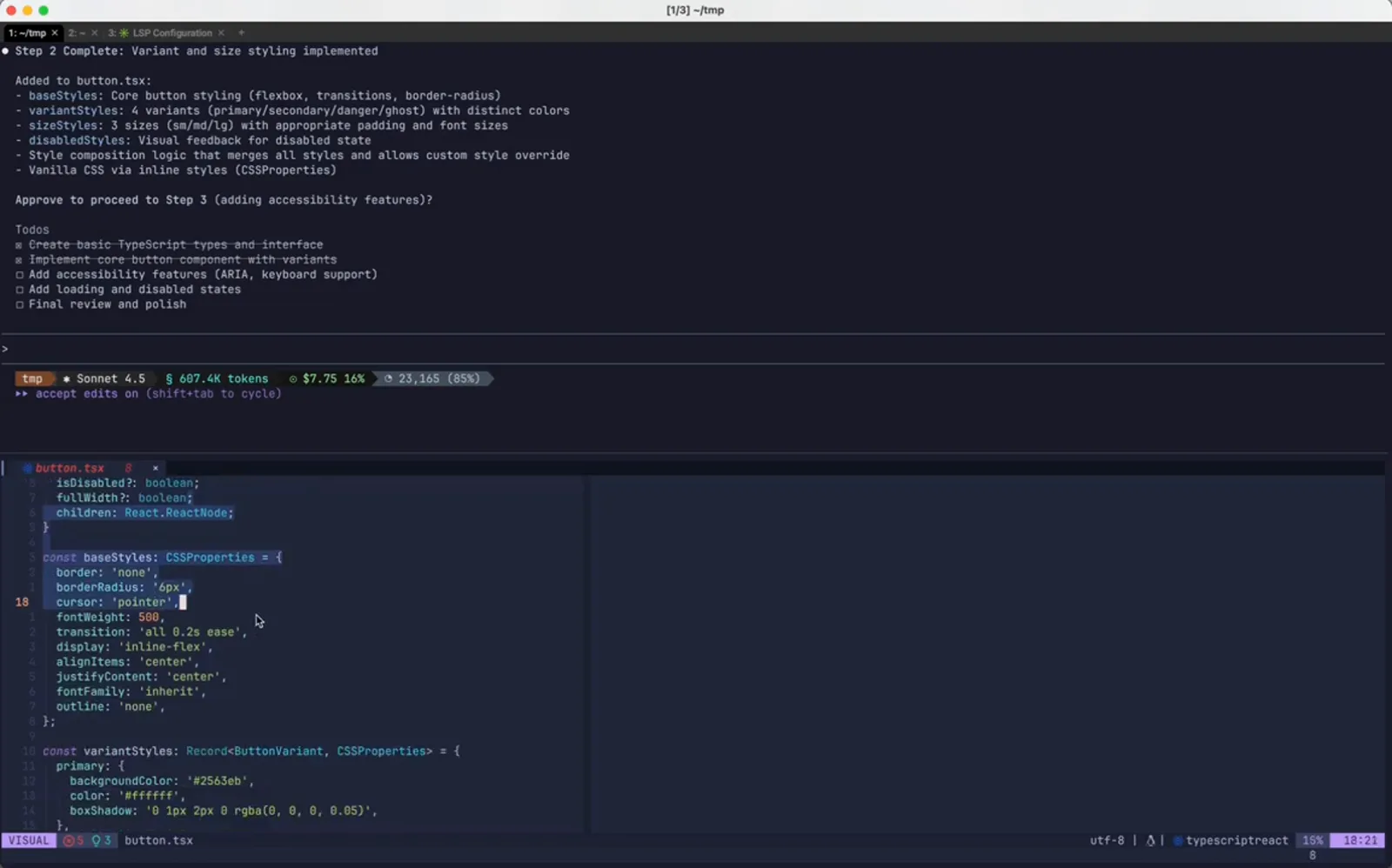 A rewound Claude Code session where the regenerated Step 2 summary lists Vanilla CSS via inline styles (CSSProperties), confirming the checkpoint restore and the new prompt both took effect