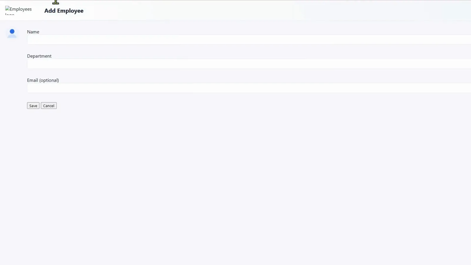 Local Add Employee page in Chrome rendering with a broken image icon in the left navigation rail and empty Name, Department and Email fields, the state that triggered the debugging session