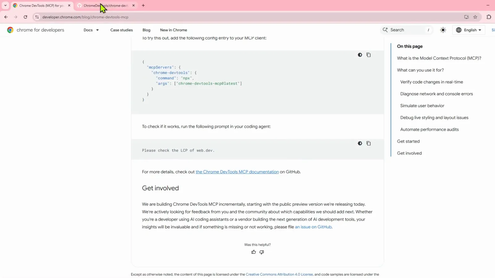 Chrome for Developers blog page for the Chrome DevTools MCP server showing the mcpServers JSON config block and the suggested test prompt Please check the LCP of web.dev