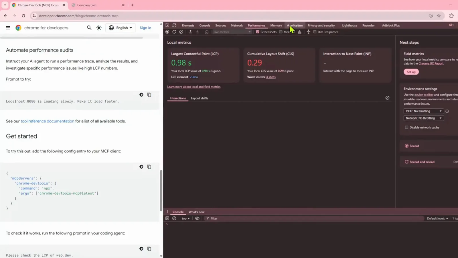 Chrome DevTools Performance panel recording a local metrics run beside the developers.chrome.com Chrome DevTools MCP blog post, with Largest Contentful Paint at 0.98 s and Cumulative Layout Shift at 0.29