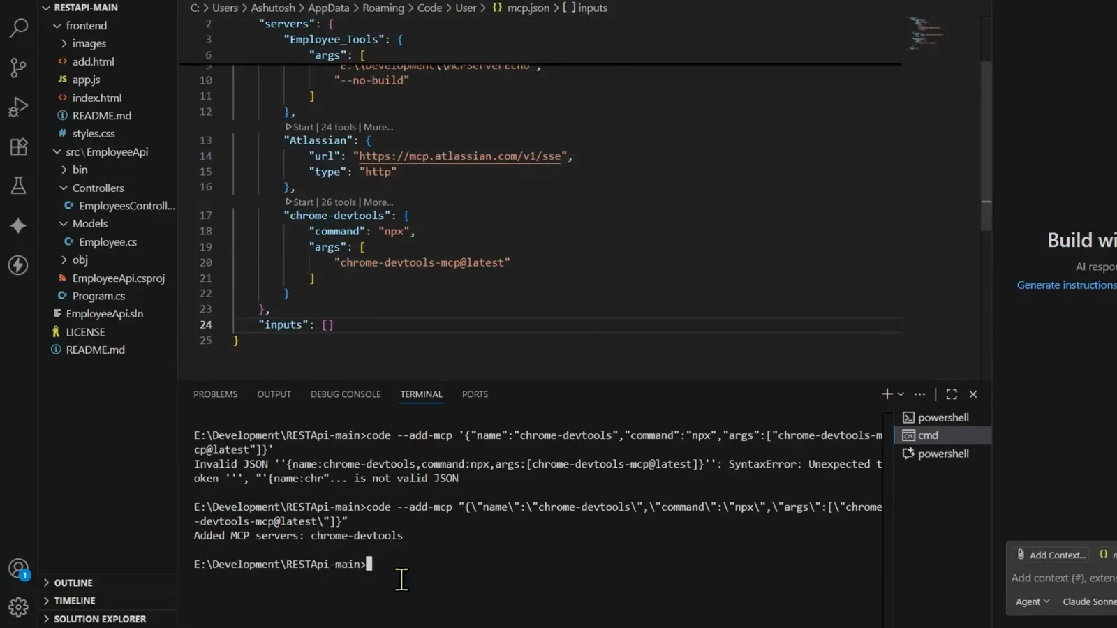 VS Code user mcp.json file containing a chrome-devtools server entry built from npx and chrome-devtools-mcp@latest, marked Start 26 tools, above a terminal that reports Added MCP servers: chrome-devtools