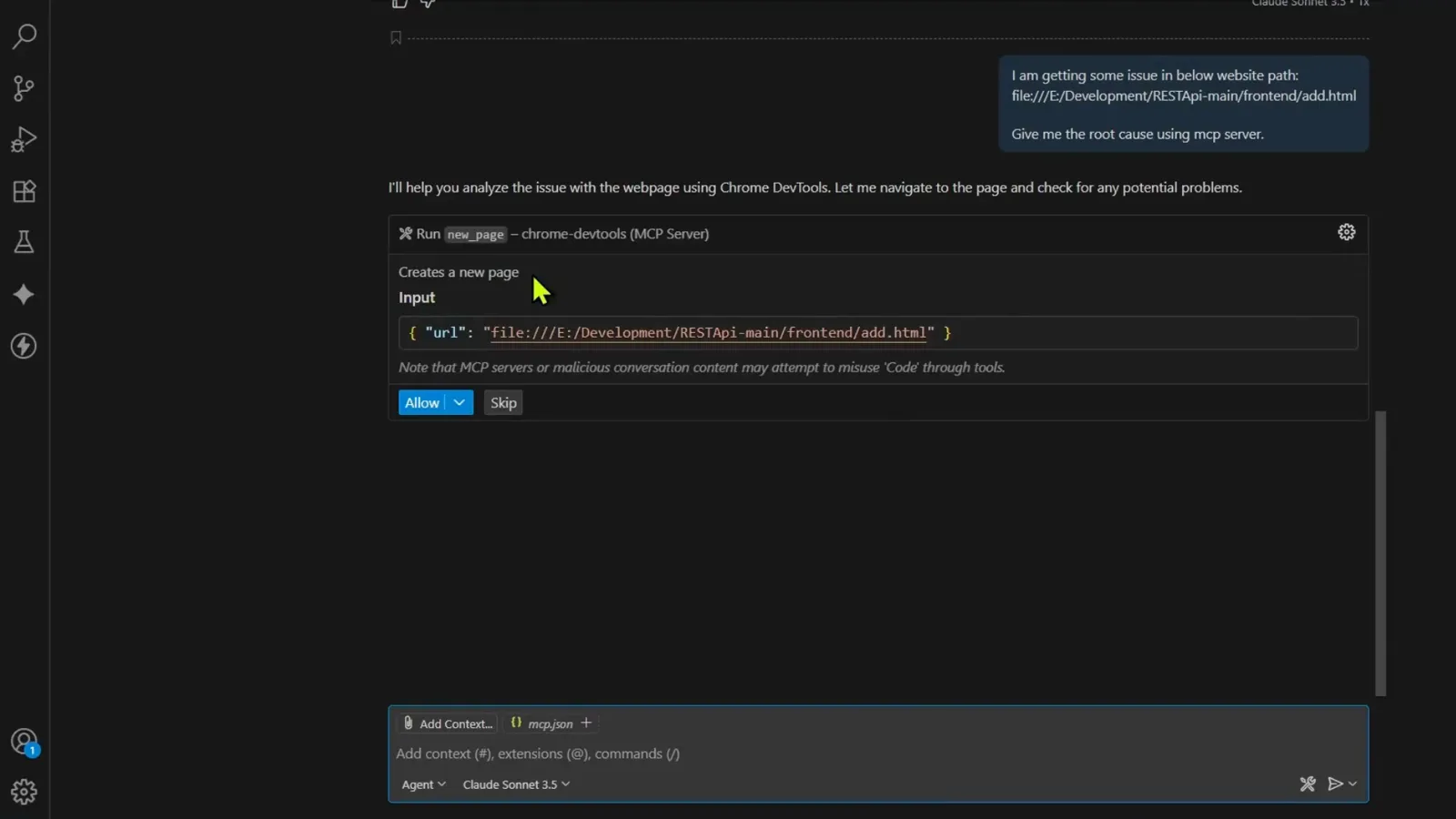 VS Code agent chat showing the prompt asking for the root cause of file:///E:/Development/RESTApi-main/frontend/add.html next to an approval card for the new_page tool with the same URL in its input