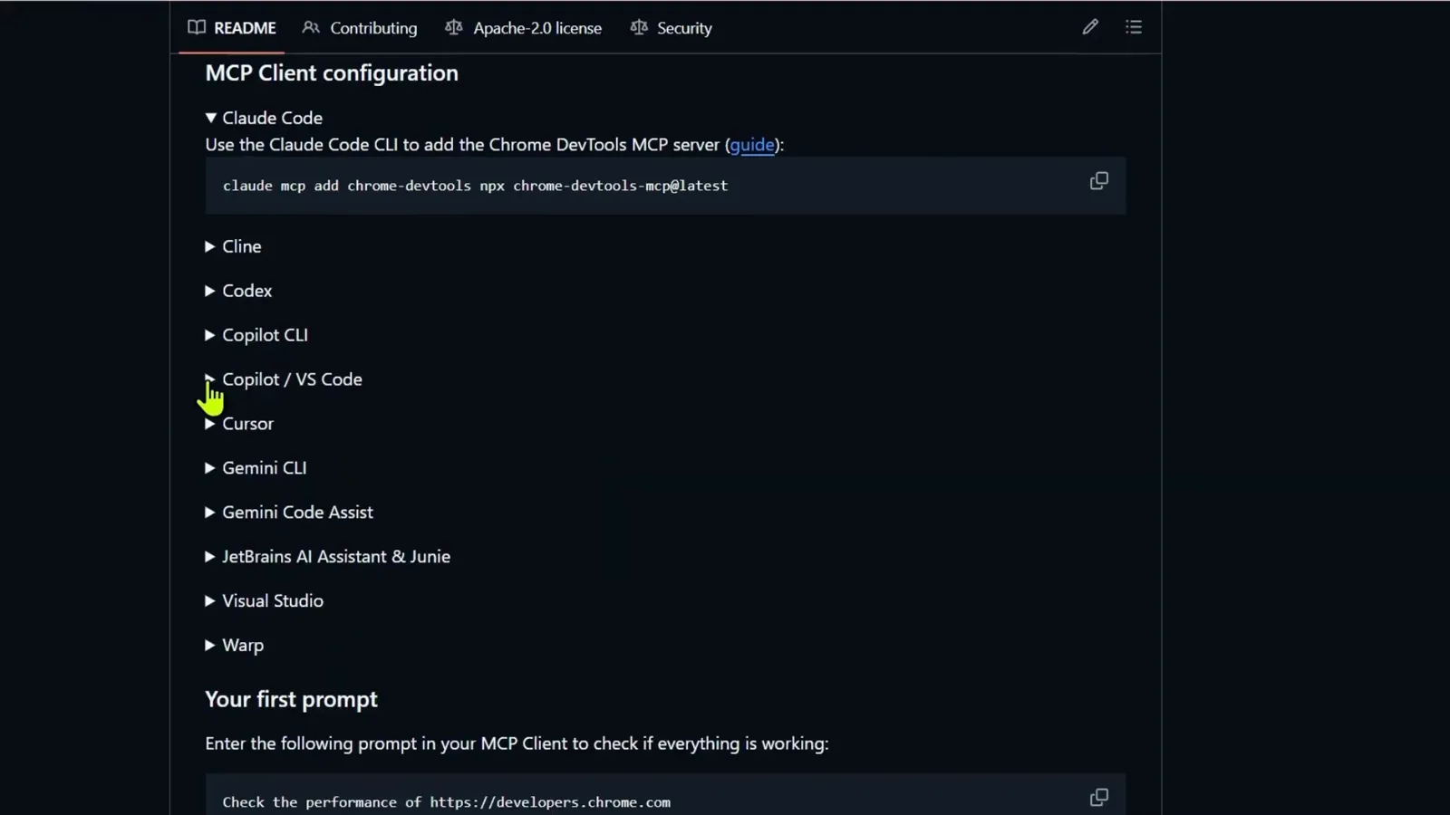 GitHub README MCP Client configuration section with the Claude Code entry expanded and the copyable command claude mcp add chrome-devtools npx chrome-devtools-mcp@latest