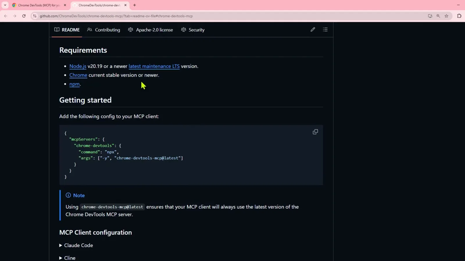 Chrome DevTools MCP GitHub README Requirements section listing Node.js v20.19 or a newer maintenance LTS, the current stable version of Chrome, and npm