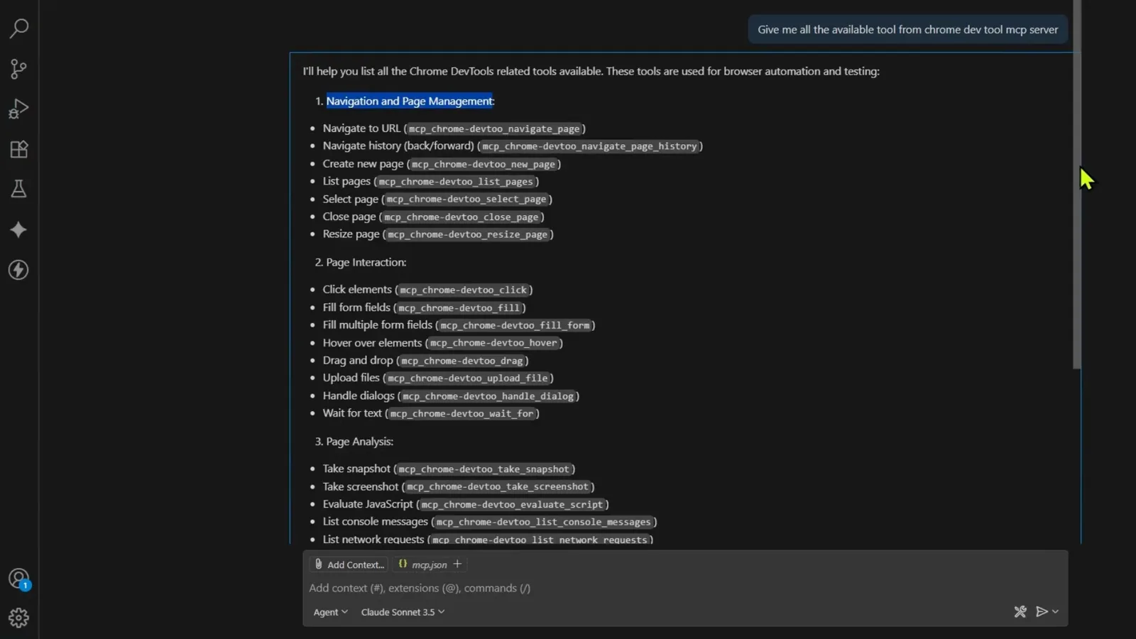 Agent chat panel continuing the Chrome DevTools MCP tool inventory through Page Interaction hover, drag and upload_file into Page Analysis take_snapshot, list_console_messages and list_network_requests