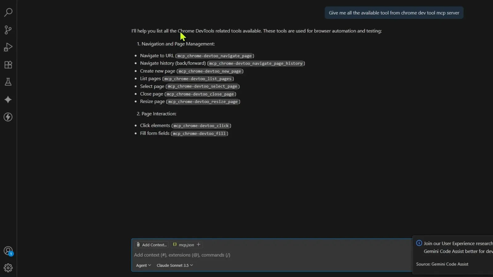 Agent chat panel listing the first Chrome DevTools MCP tool groups, Navigation and Page Management with navigate_page, new_page and list_pages, and Page Interaction with click and fill