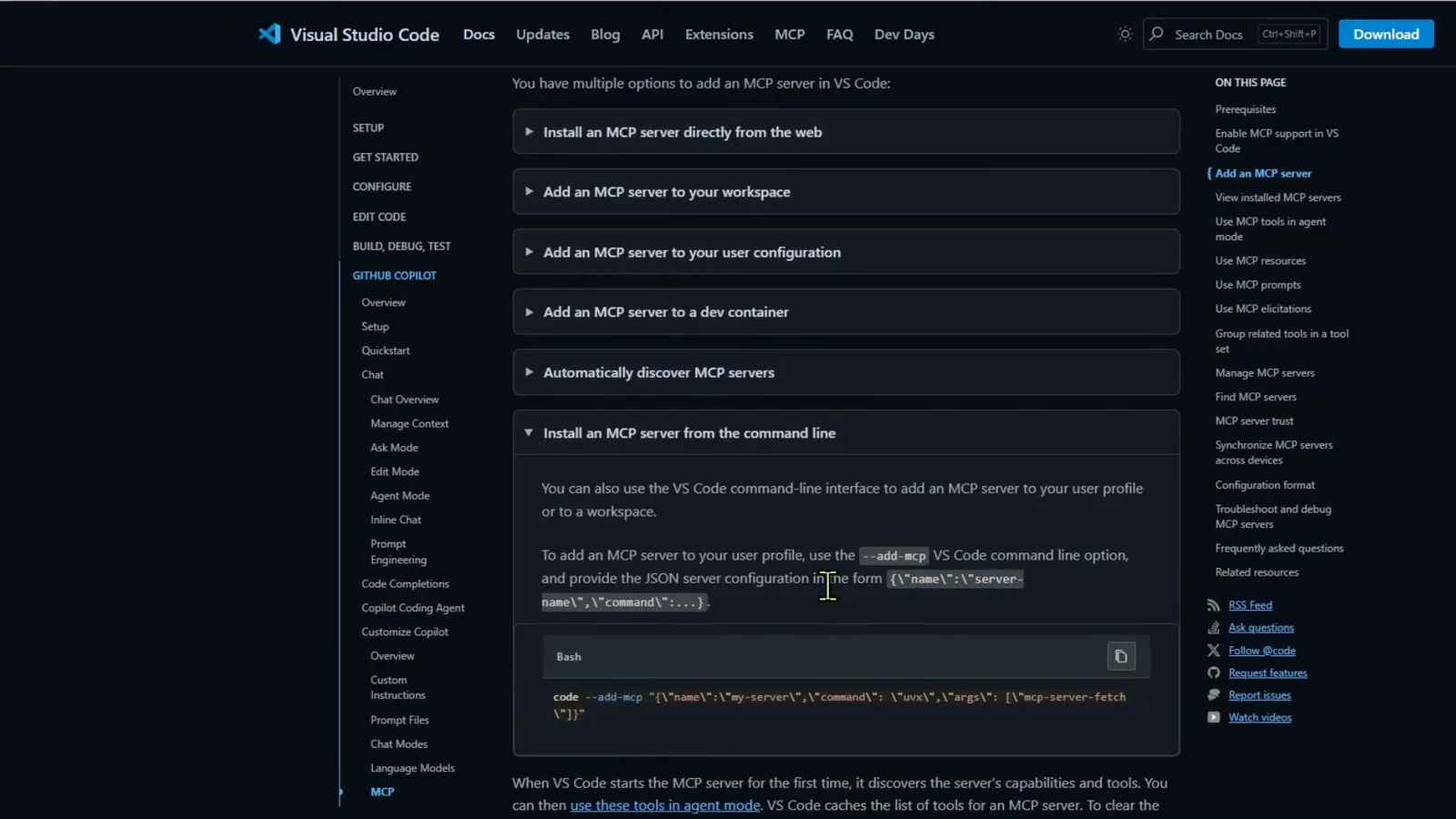 Visual Studio Code MCP documentation page listing the ways to add an MCP server, with Install an MCP server from the command line expanded to show the code --add-mcp example