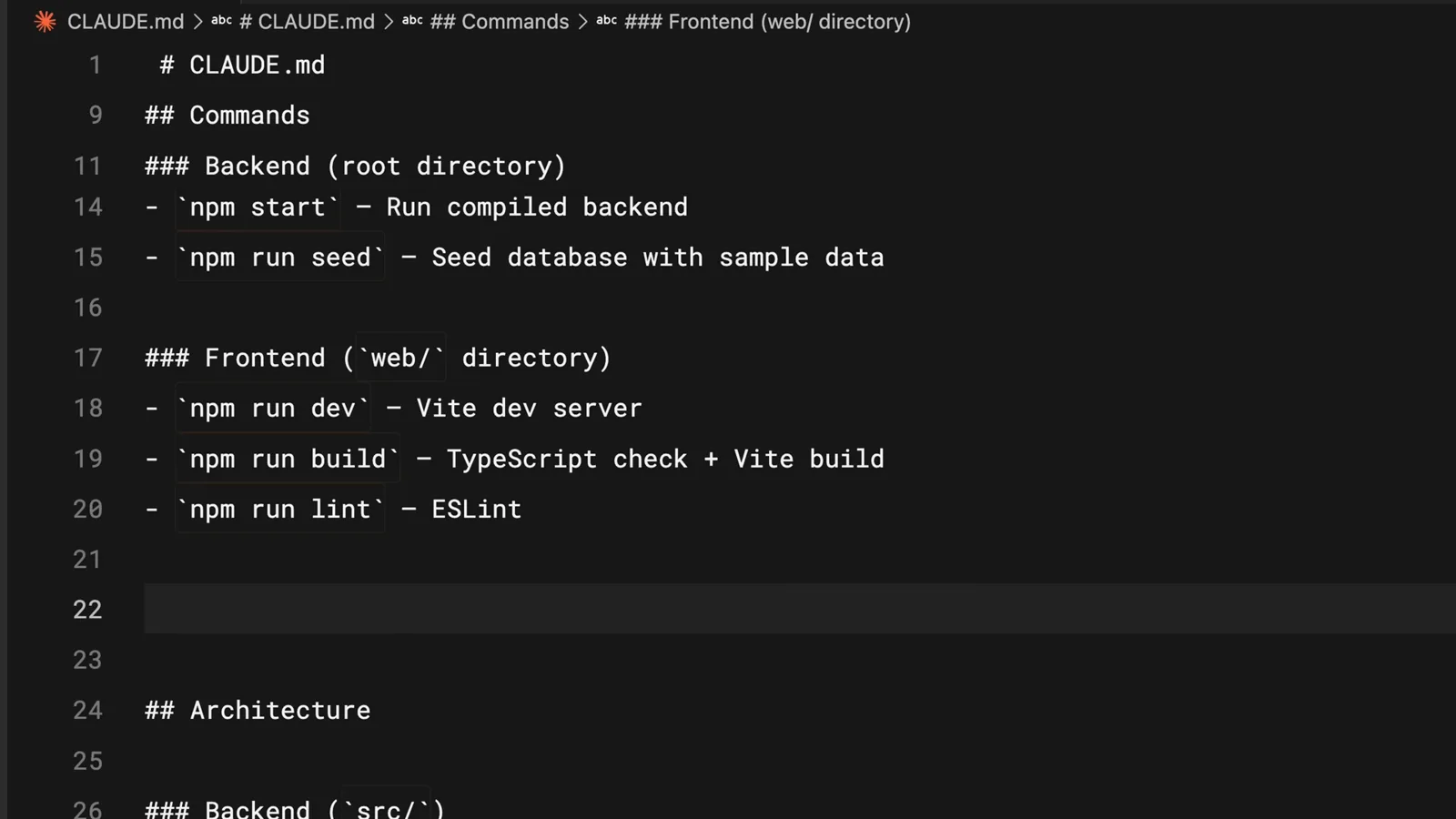 Move memory into CLAUDE.md CLAUDE.md project memory file opened in Claude Code listing Backend and Frontend npm commands plus Architecture headings, the file where facts worth remembering across sessions live so Claude does not rediscover them