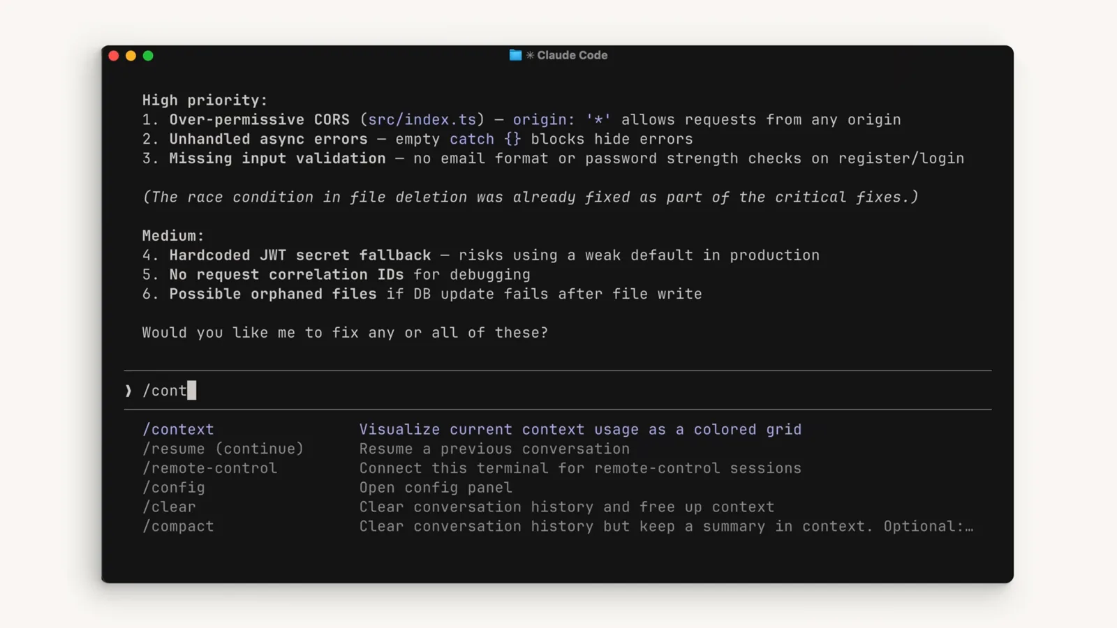 Two commands, two intents Claude Code slash command menu opened by typing a forward slash, showing the descriptions for /context, /resume, /clear and /compact including Clear conversation history but keep a summary in context