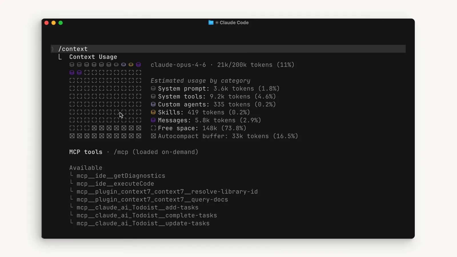 The /context dashboard: 21k of 200k tokens used Claude Code /context dashboard showing 21k of 200k tokens used (11 percent) with the colored usage grid, the estimated usage breakdown by category including Skills and Messages, Free space and the 33k token AutoCompact buffer
