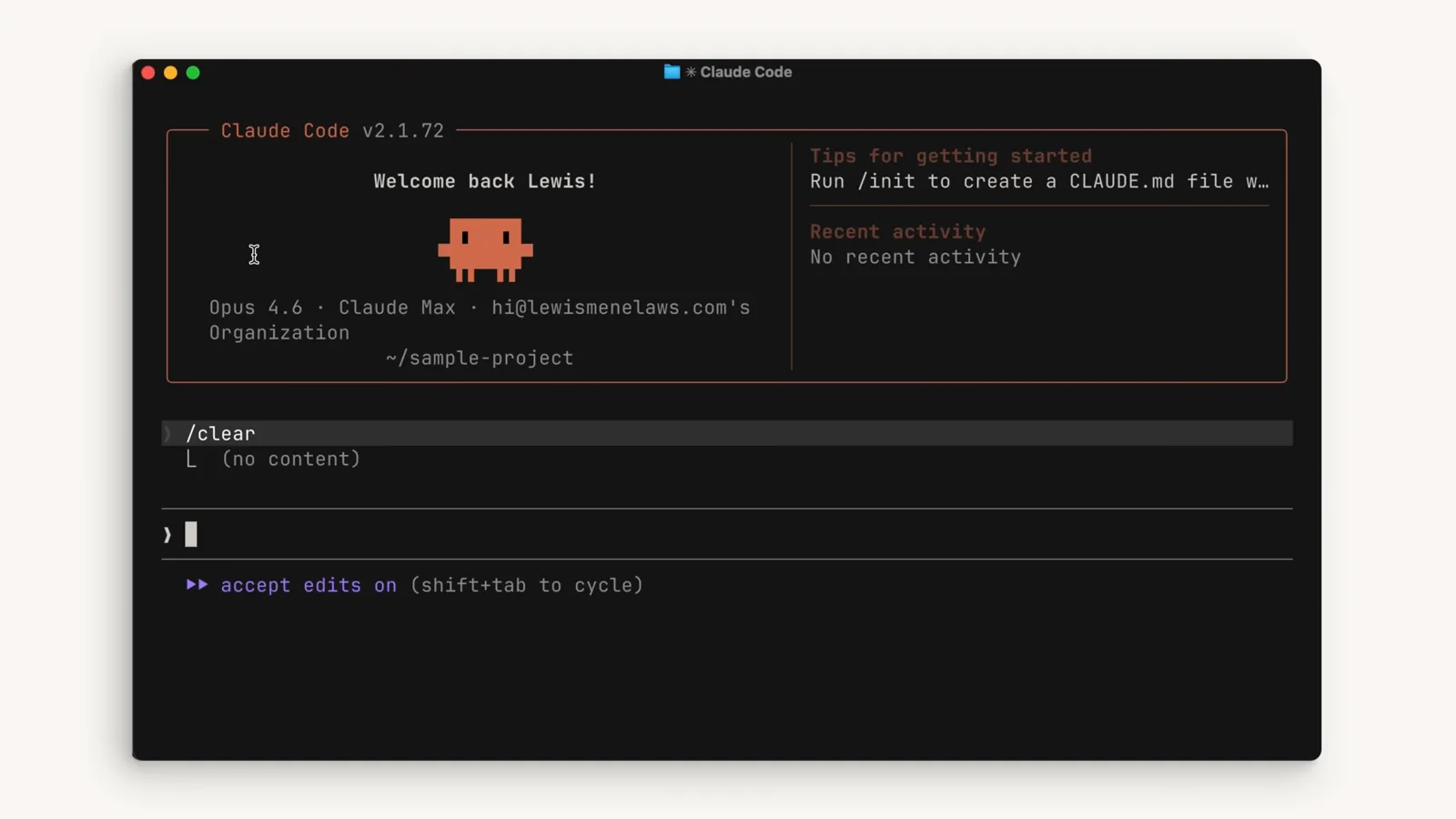 A truly fresh start Claude Code v2.1.72 welcome screen immediately after running /clear, showing (no content) under the command and No recent activity in the session panel, a context window starting from scratch