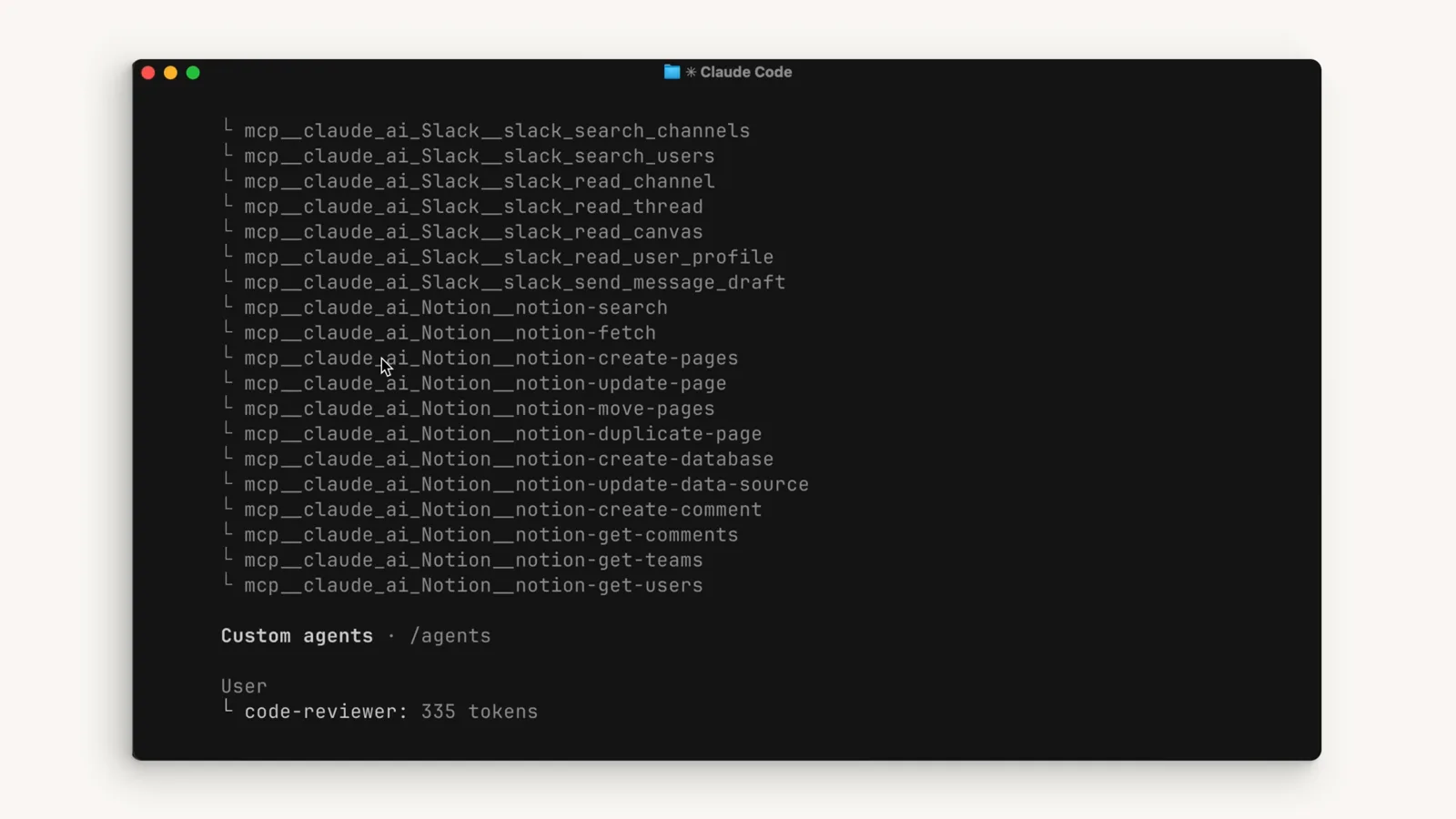 MCP tools cost context Claude Code /context output listing dozens of loaded Slack and Notion MCP tools with a code-reviewer custom agent below, showing how MCP servers load all of their tools into context by default