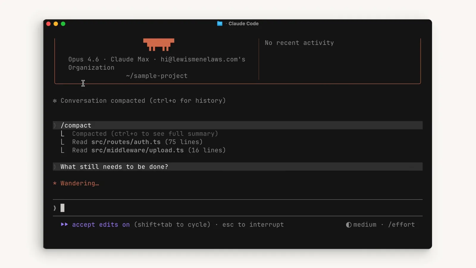 Picking the thread back up Claude Code after compaction showing Conversation compacted (ctrl+o for history), a /compact summary listing the files that were read, and a What still needs to be done? prompt to continue the feature