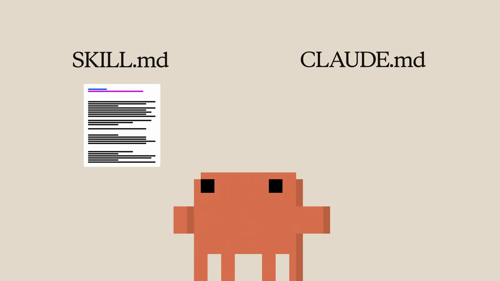 Skills load on demand Claude Code explainer diagram contrasting a SKILL.md file with CLAUDE.md, the pattern where skills stay on disk and are loaded on demand instead of putting everything into the context window