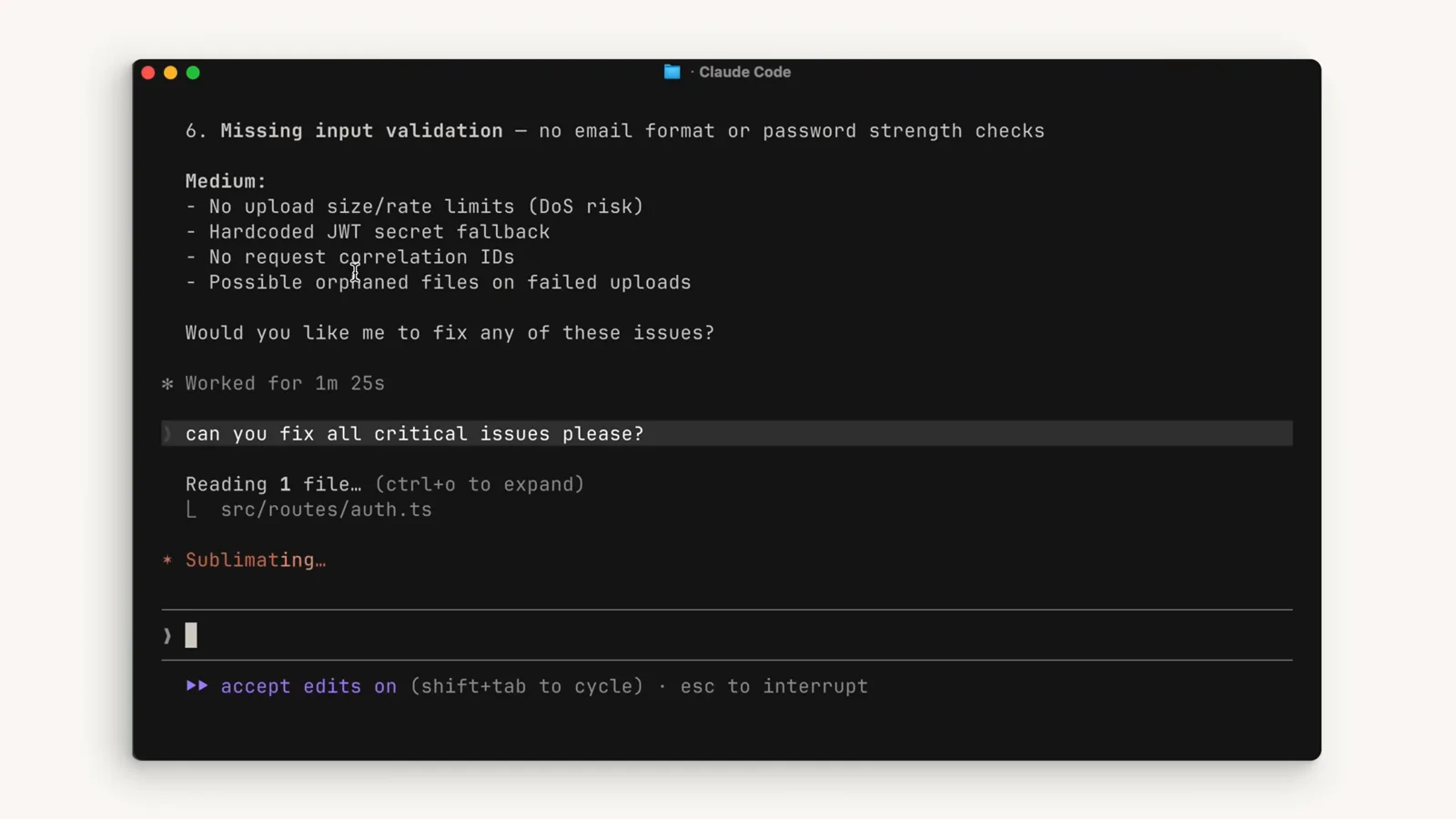 Everything Claude does adds up Claude Code session listing security review issues while Reading 1 file src/routes/auth.ts and showing a Sublimating status line, the moment file reads and tool call results are being added onto the context window