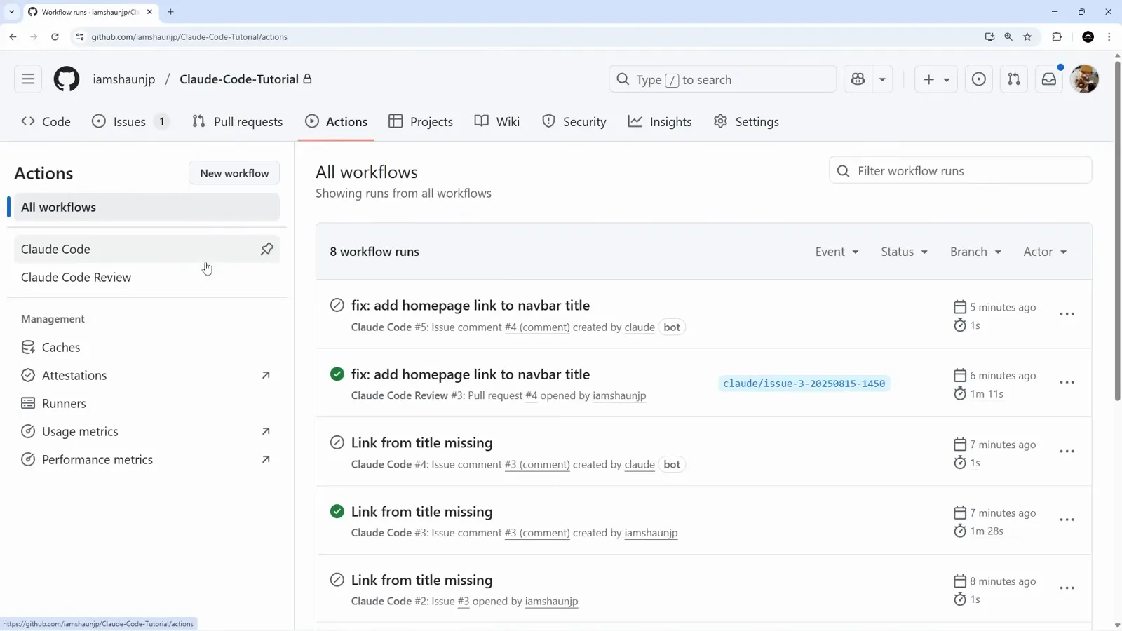 GitHub Actions run list for the repository showing eight workflow runs across the Claude Code and Claude Code Review workflows with the review run on pull request four taking one minute eleven seconds