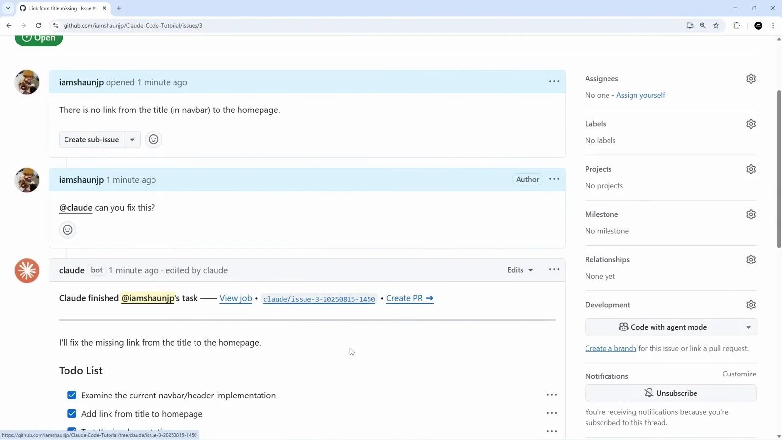 Claude bot comment on a GitHub issue reading Claude finished with links to the job run, the branch claude/issue-3-20250815-1450 and a Create PR arrow