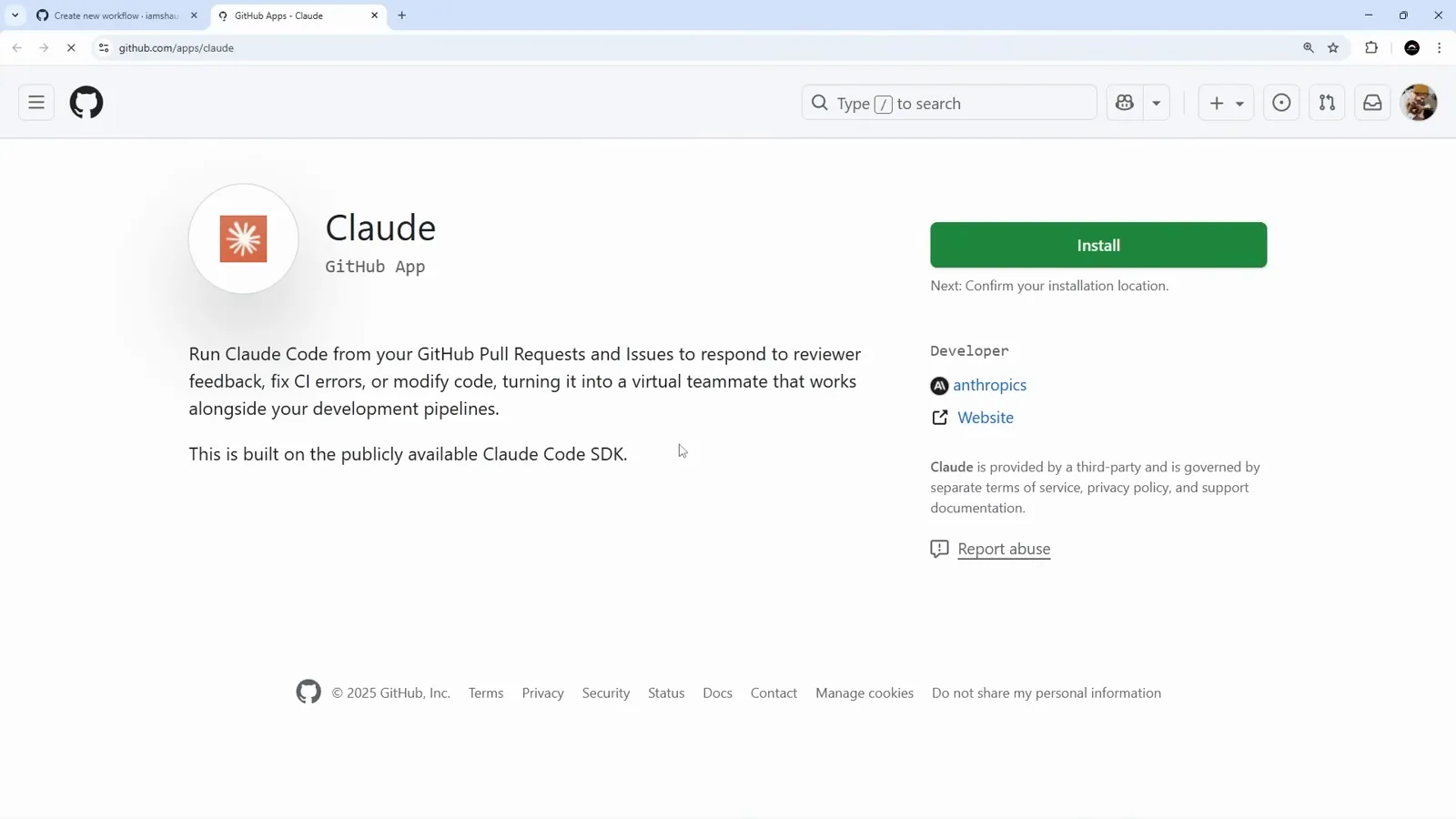 GitHub Apps listing for Claude published by the anthropics organisation, describing an app that runs Claude Code from pull requests and issues, with the green Install button