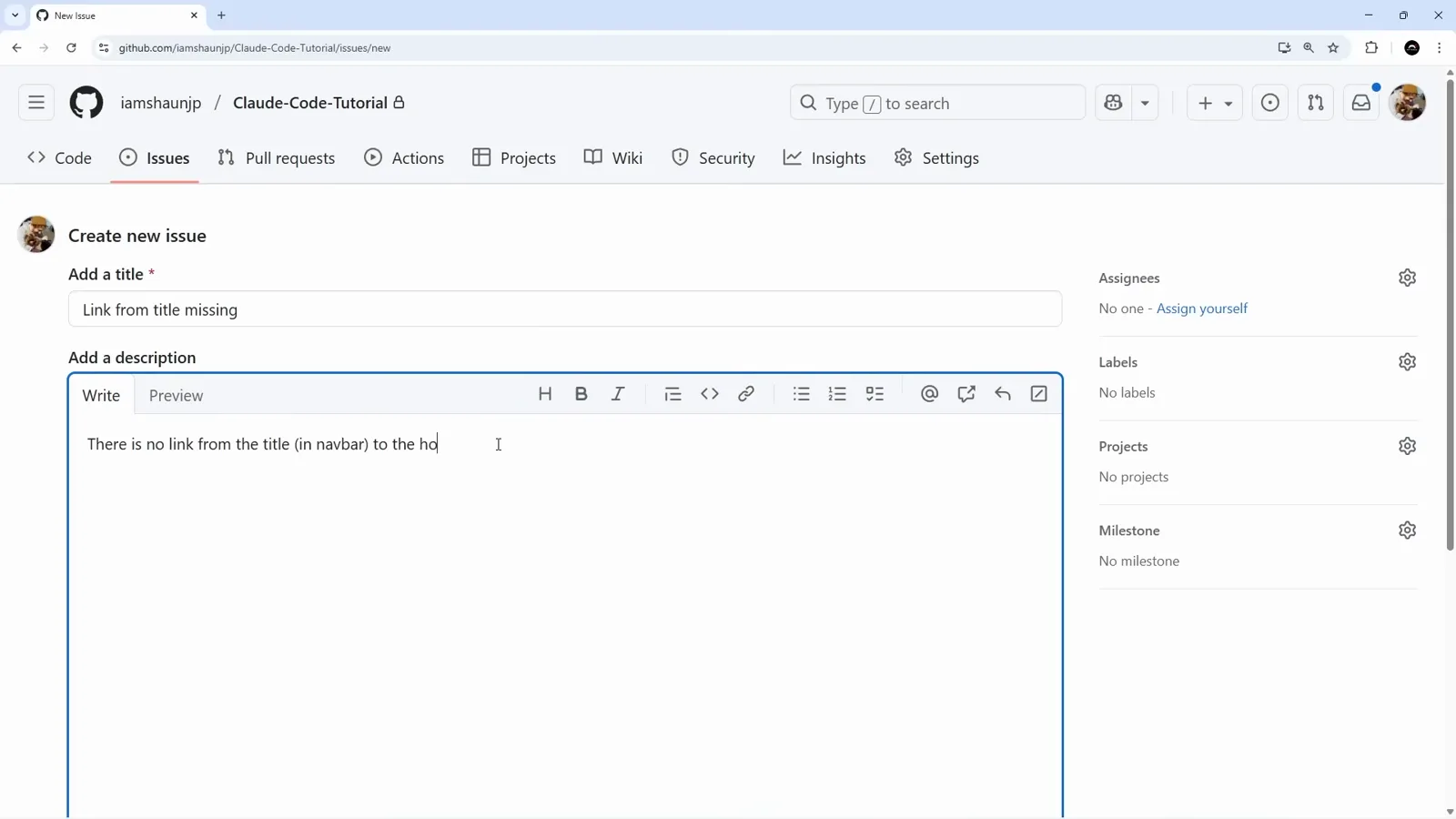 GitHub Create new issue form in the Claude Code tutorial repository titled Link from title missing with the one-line body There is no link from the title in navbar to the homepage