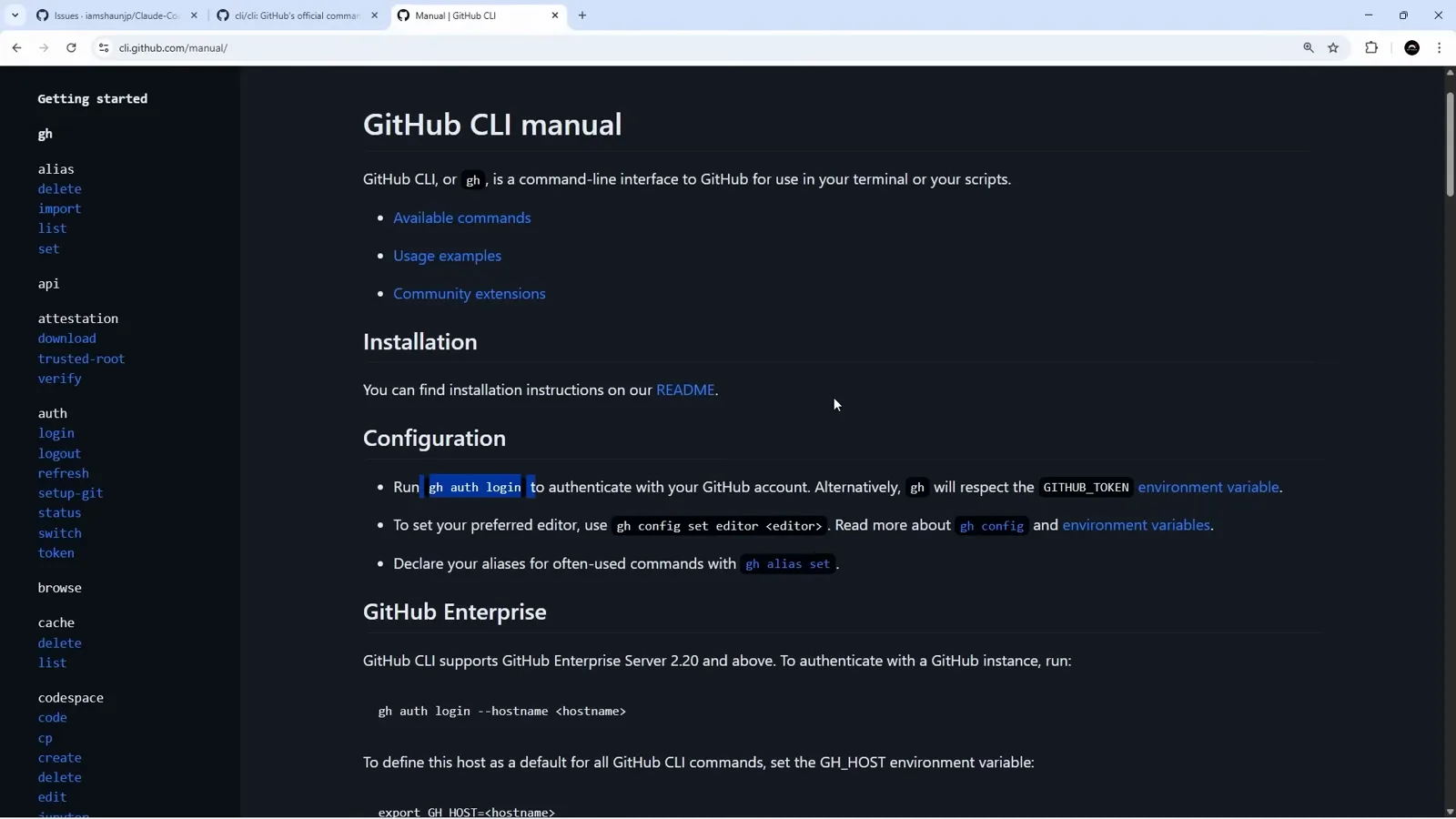 GitHub CLI manual on cli.github.com open at the Configuration section where gh auth login signs in the account that Claude Code later uses to install the Claude GitHub App