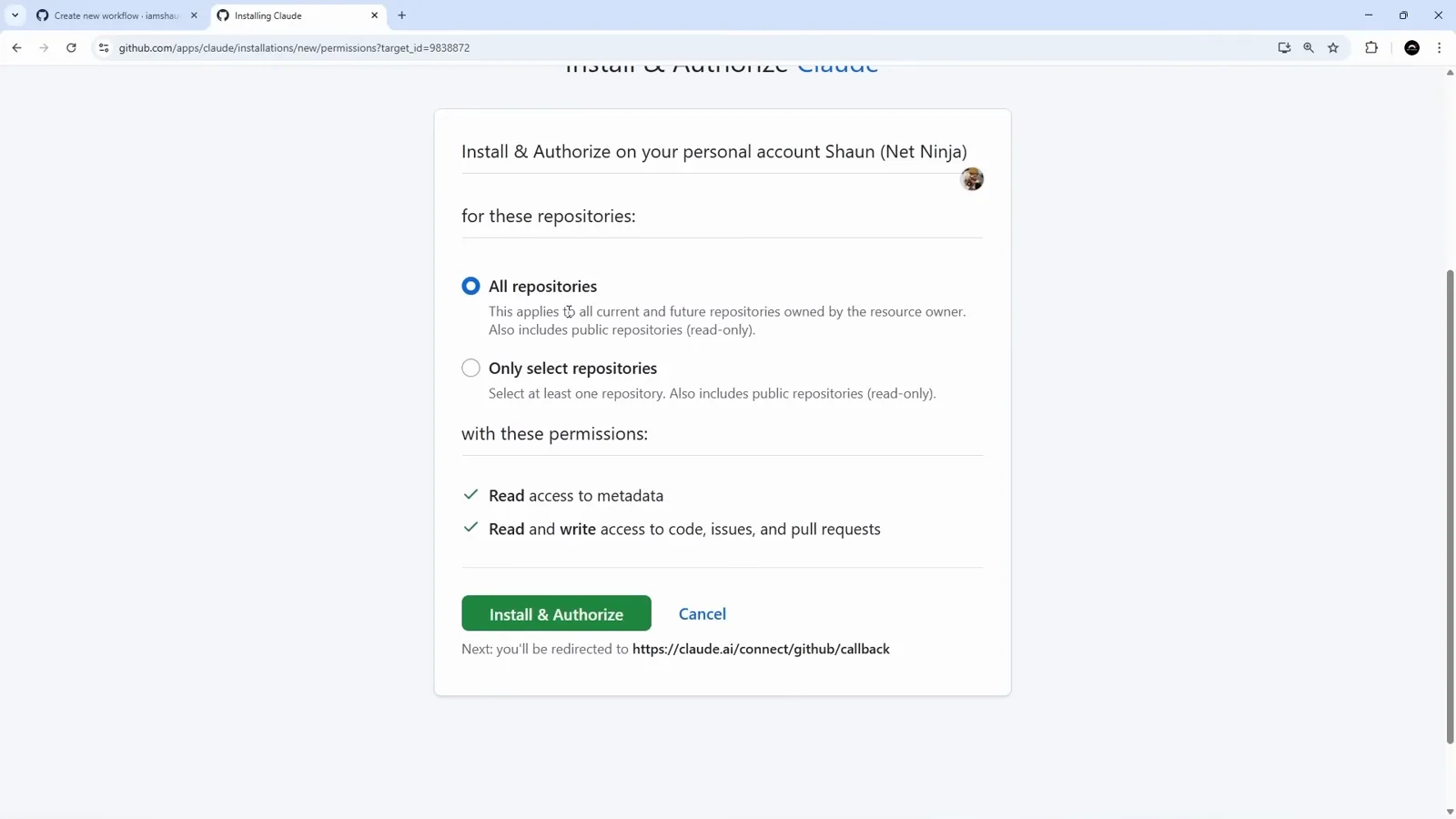 GitHub Install and Authorize Claude screen offering All repositories or Only select repositories above the checked permissions Read access to metadata and Read and write access to code, issues, and pull requests