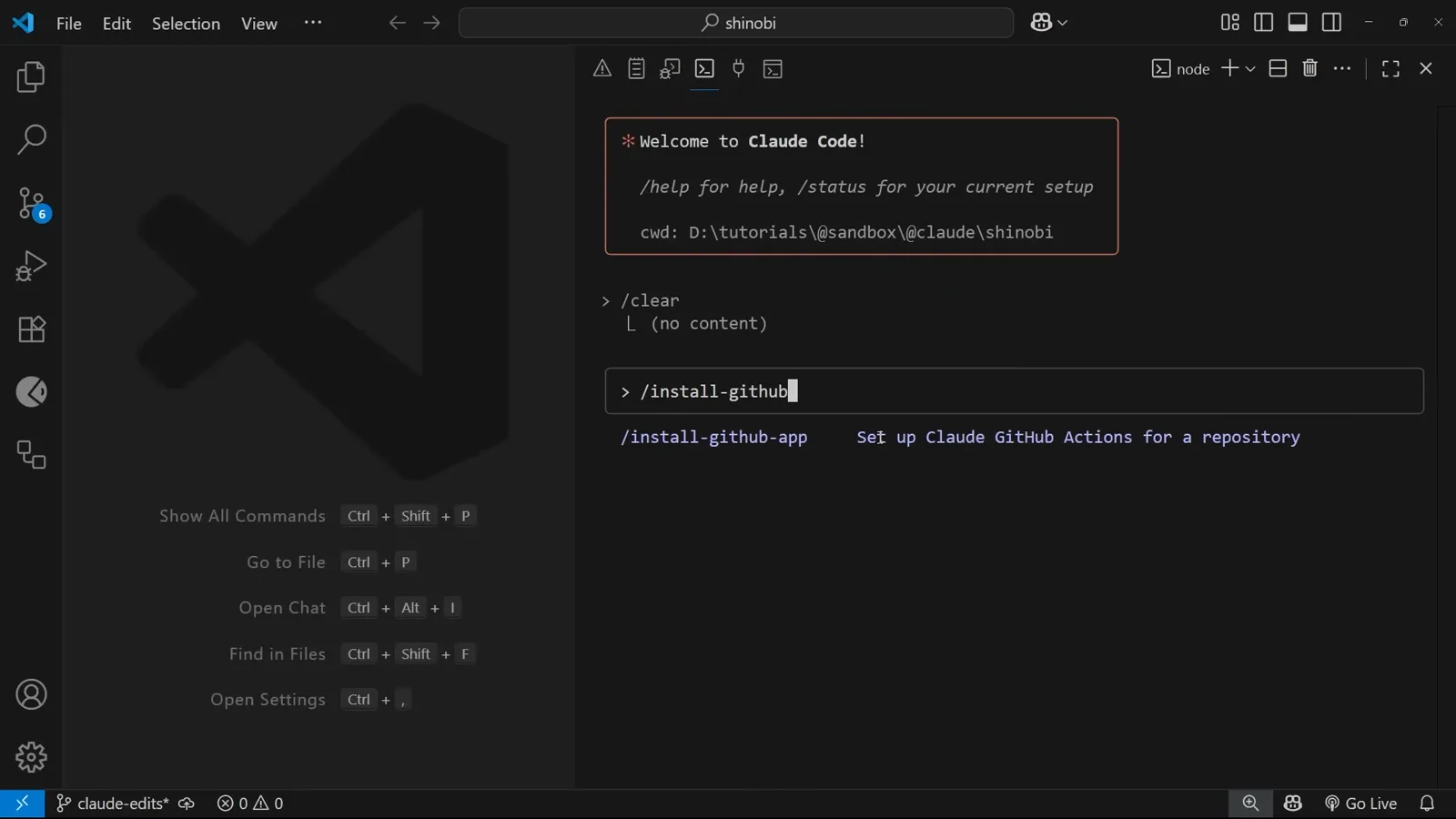 Claude Code session inside Visual Studio Code with /install-github half typed and the autocomplete row /install-github-app described as Set up Claude GitHub Actions for a repository