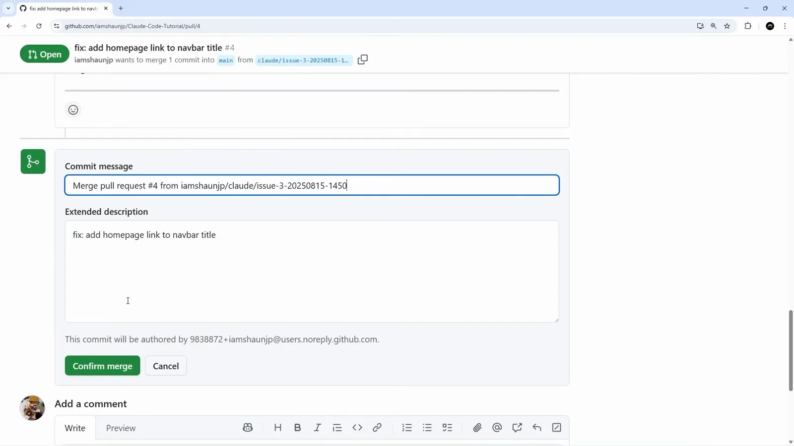 GitHub merge box for pull request four showing the commit message Merge pull request from the claude issue branch and a note that the merge commit will be authored by the repository owner