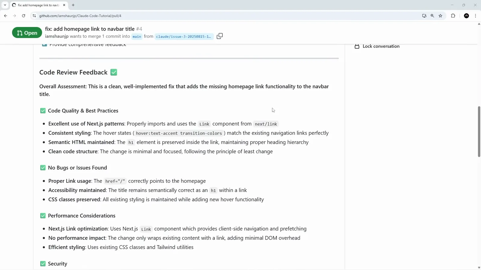 Claude Code Review feedback on pull request four grading the change across Code Quality and Best Practices, No Bugs or Issues Found, Performance Considerations and Security with green check marks
