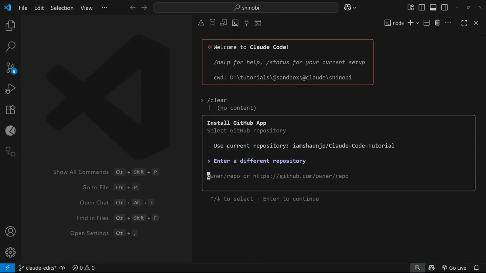 Claude Code Install GitHub App prompt asking which repository to configure, offering the current repository iamshaunjp/Claude-Code-Tutorial or entering a different owner and repo