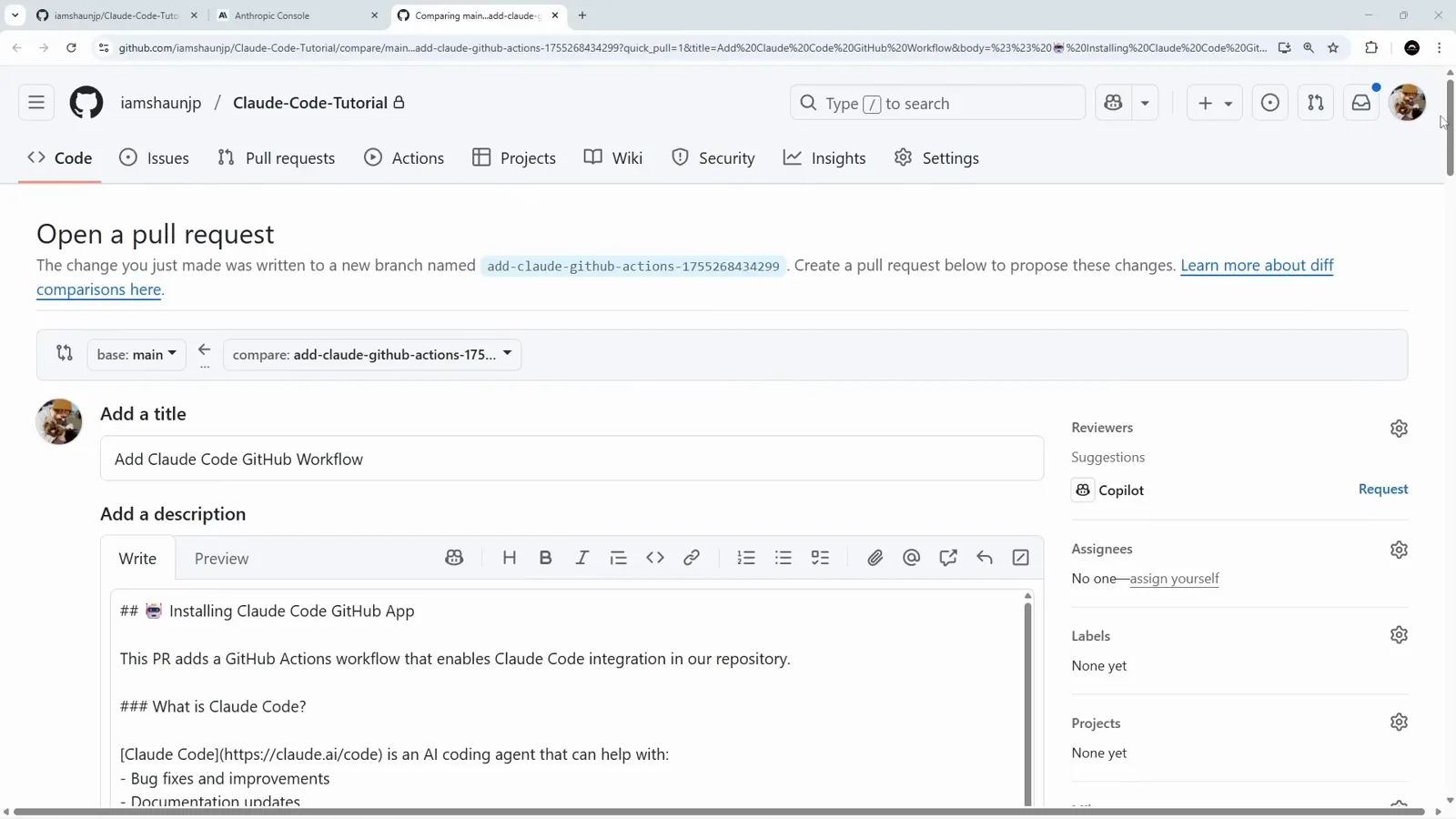 GitHub Open a pull request page where the Claude Code install wrote its action files to a branch named add-claude-github-actions followed by a timestamp and pre-filled the title Add Claude Code GitHub Workflow