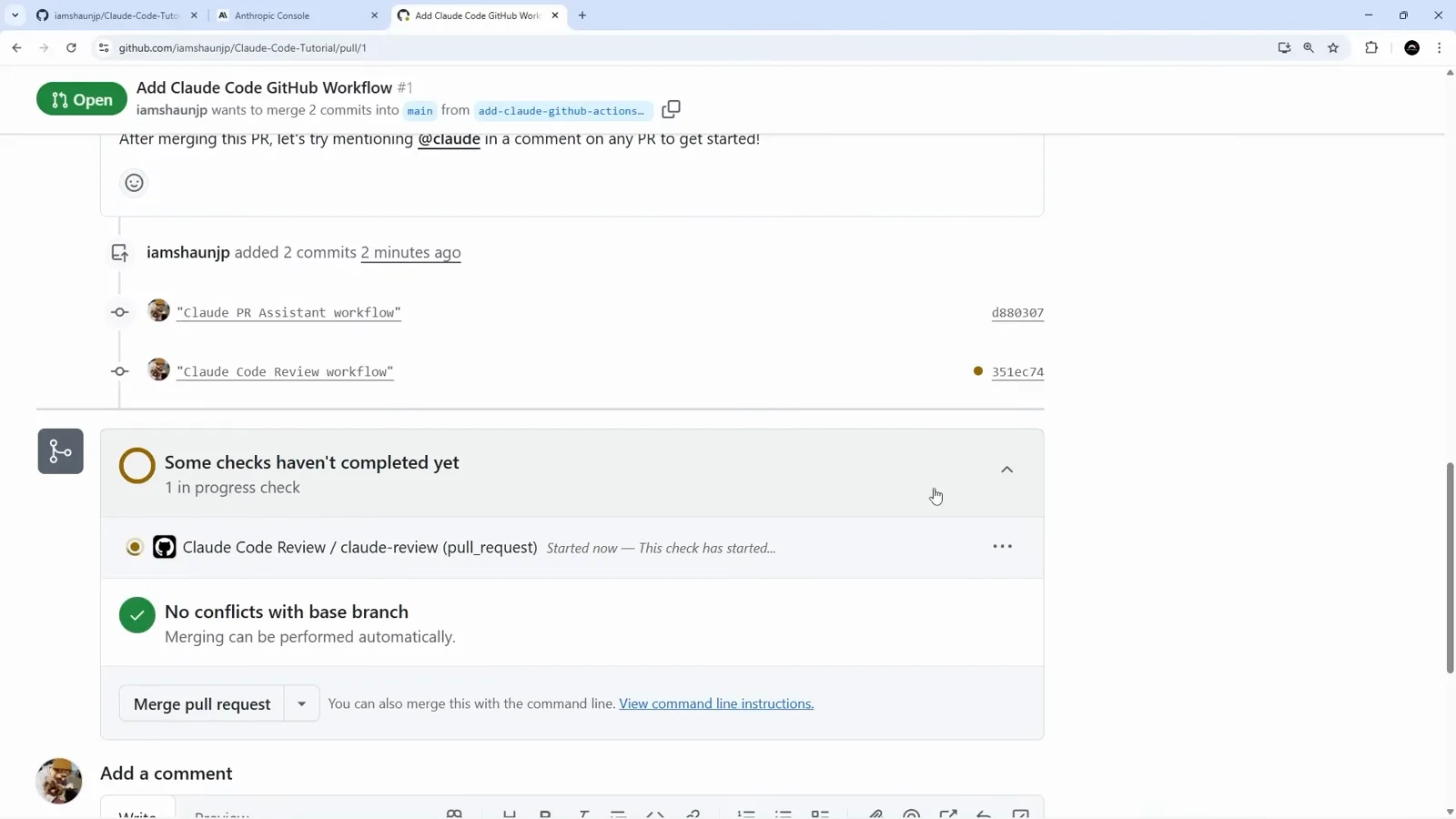 Pull request one for the Claude Code workflow containing the claude PR Assistant workflow and claude Code Review workflow commits while the claude-review pull_request check reports it has started