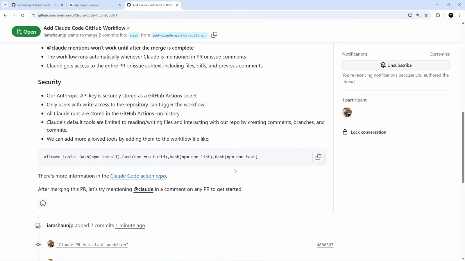 Generated Add Claude Code GitHub Workflow pull request body on GitHub showing the Security bullets about the Anthropic API key stored as a GitHub Actions secret plus the start of the allowed_tools line granting Bash npm install and npm run build