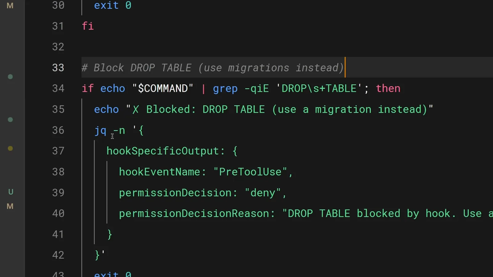 Claude Code blocking script that answers DROP TABLE statements with a jq-built hookSpecificOutput JSON decision denying the PreToolUse tool call