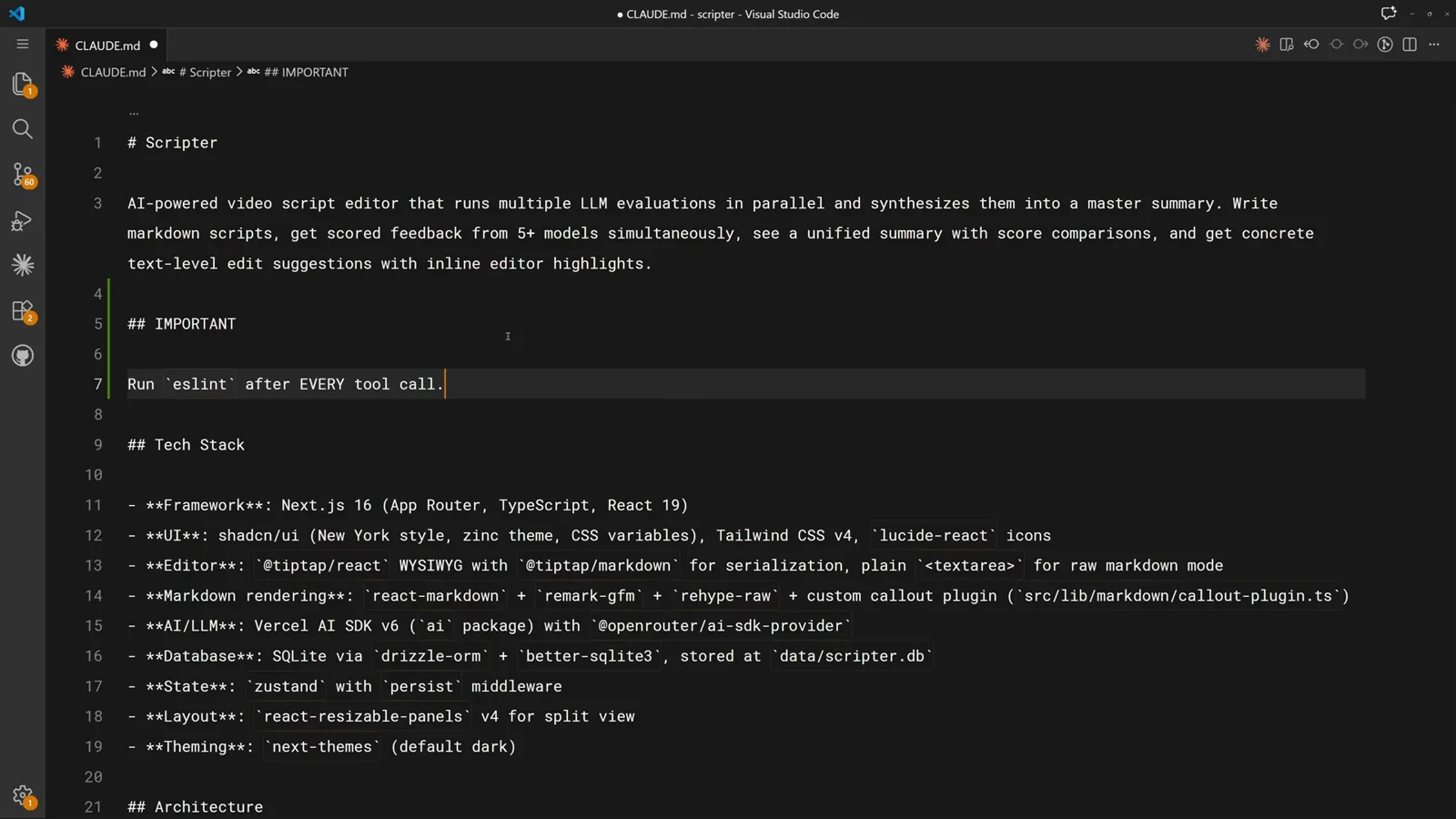 CLAUDE.md file open in VS Code showing a new IMPORTANT section that asks Claude to run eslint after every tool call, the prompt-based alternative to hooks