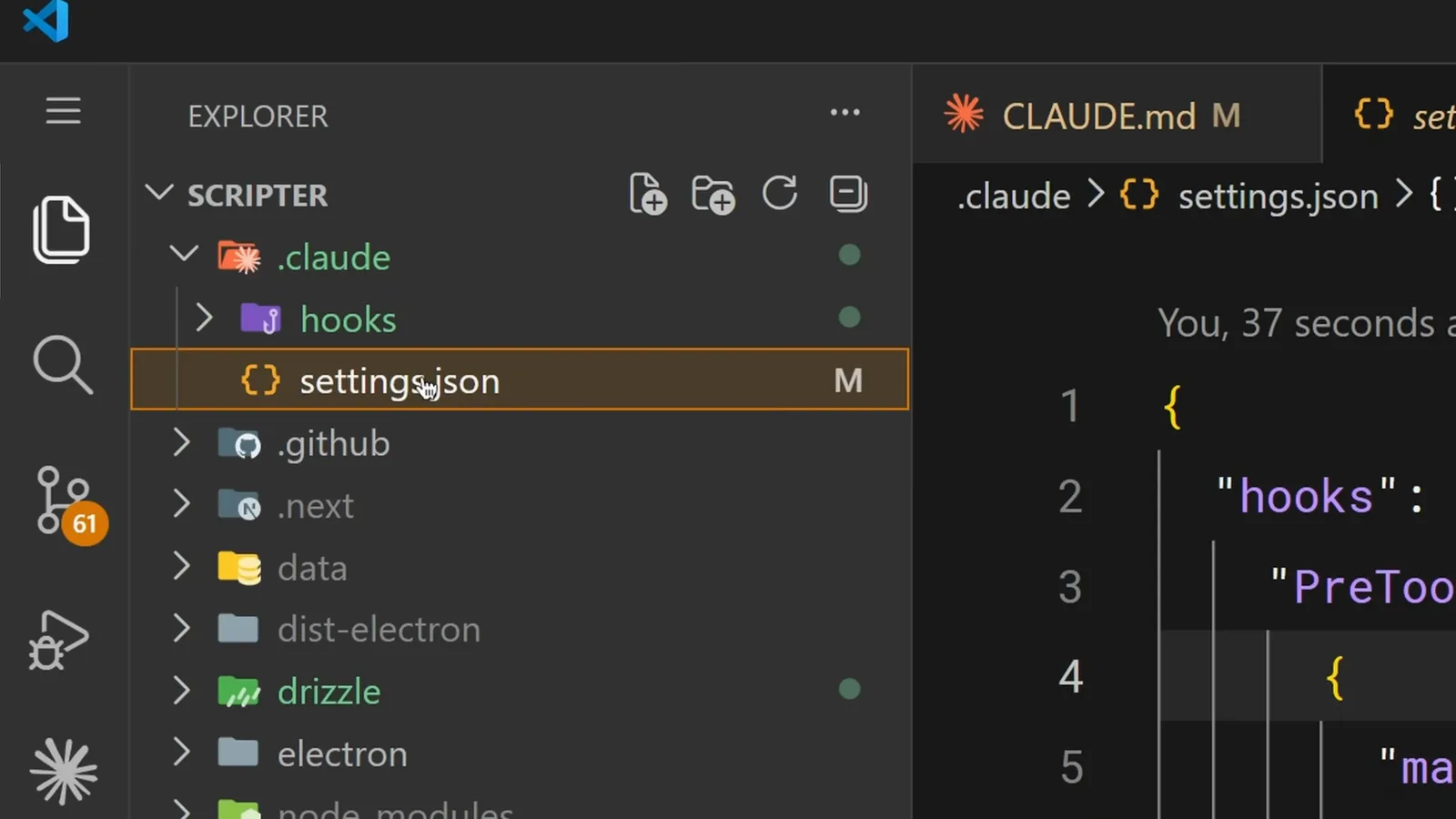 VS Code explorer with the .claude folder expanded revealing a hooks directory and a modified settings.json ready to be committed for the whole team
