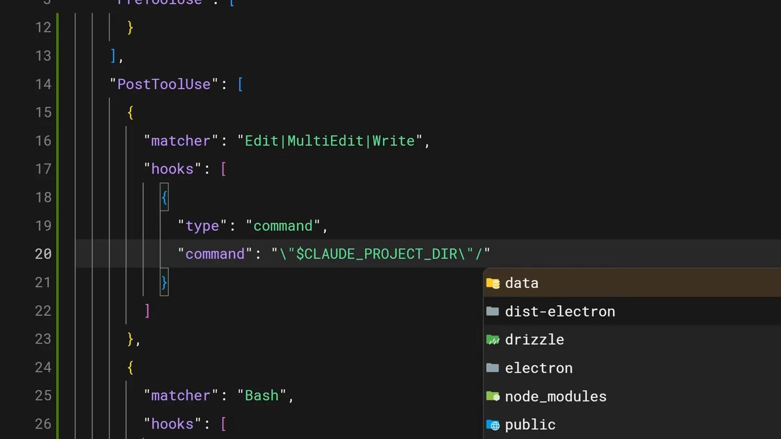 Typing a new PostToolUse hook matcher for Edit tools in Claude Code settings.json while a completed async Bash logging hook sits below it