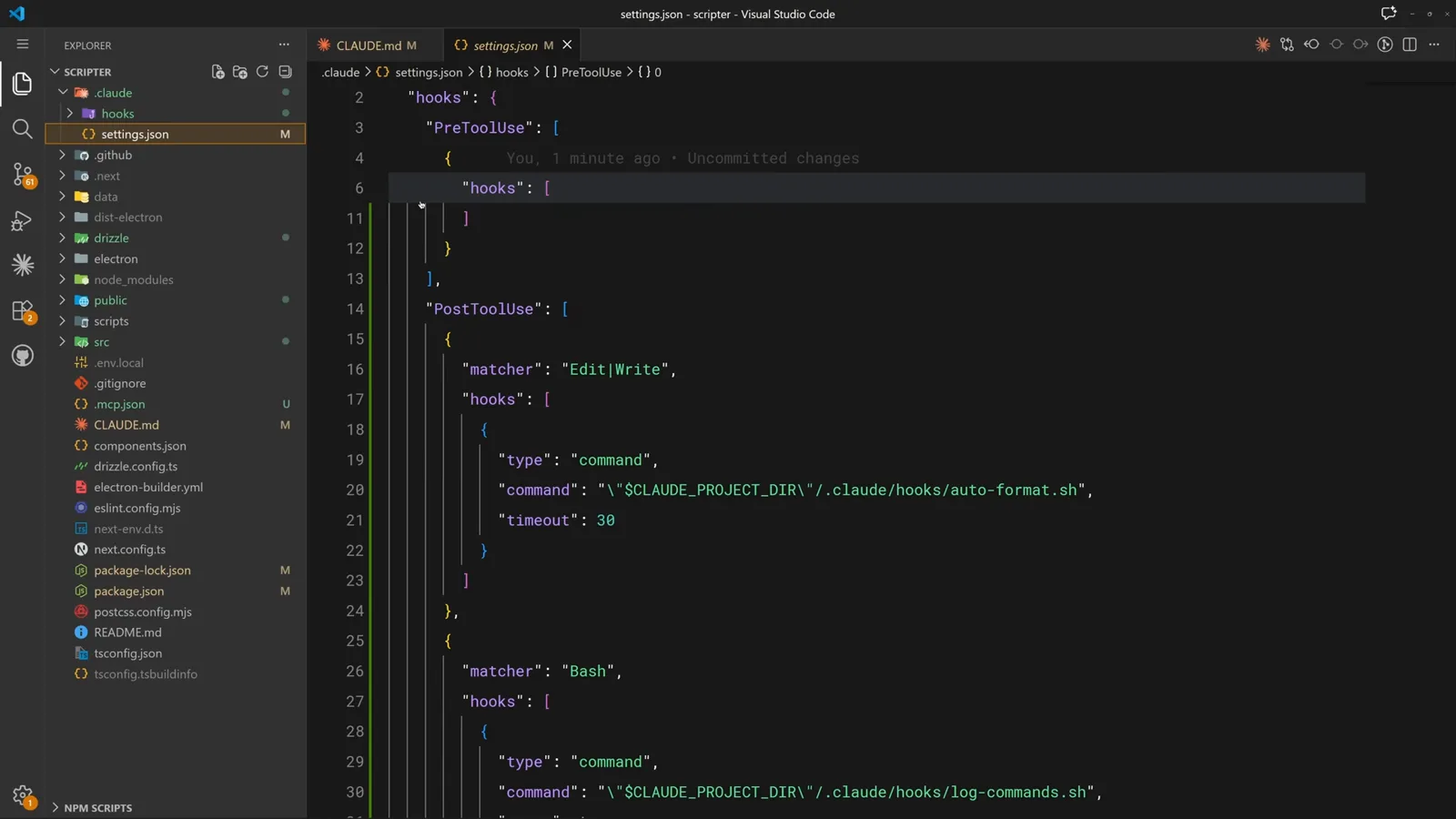 VS Code view of a finished hooks setup where PostToolUse edits trigger auto-format.sh and every Bash command is logged by log-commands.sh