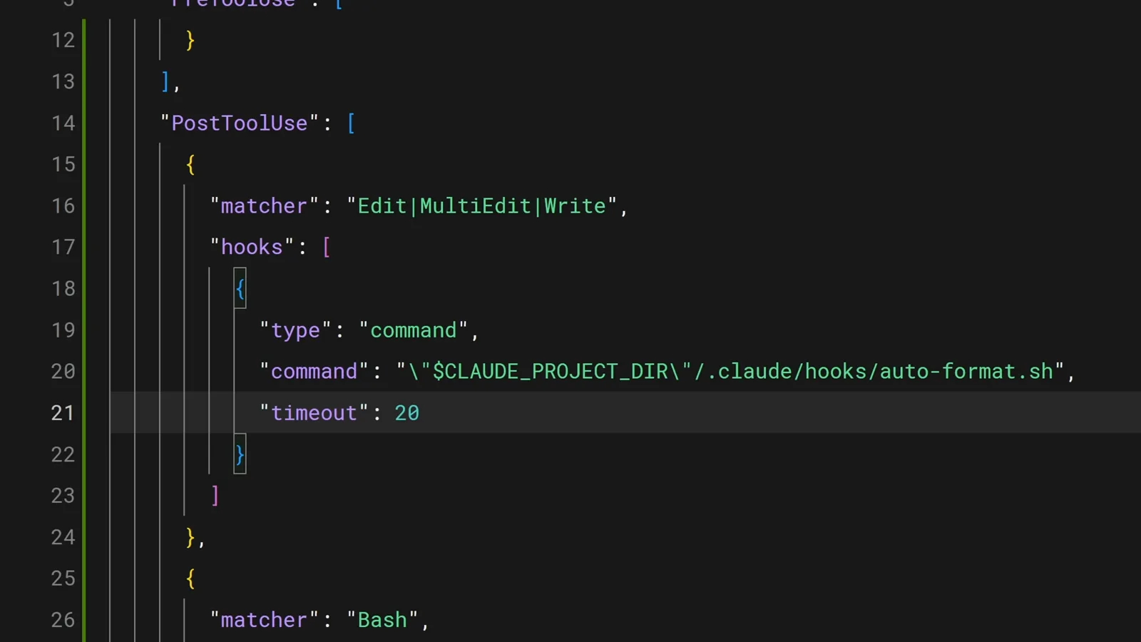 Completed PostToolUse hook entry in settings.json pointing Edit MultiEdit and Write tools at .claude/hooks/auto-format.sh with a 20 second timeout