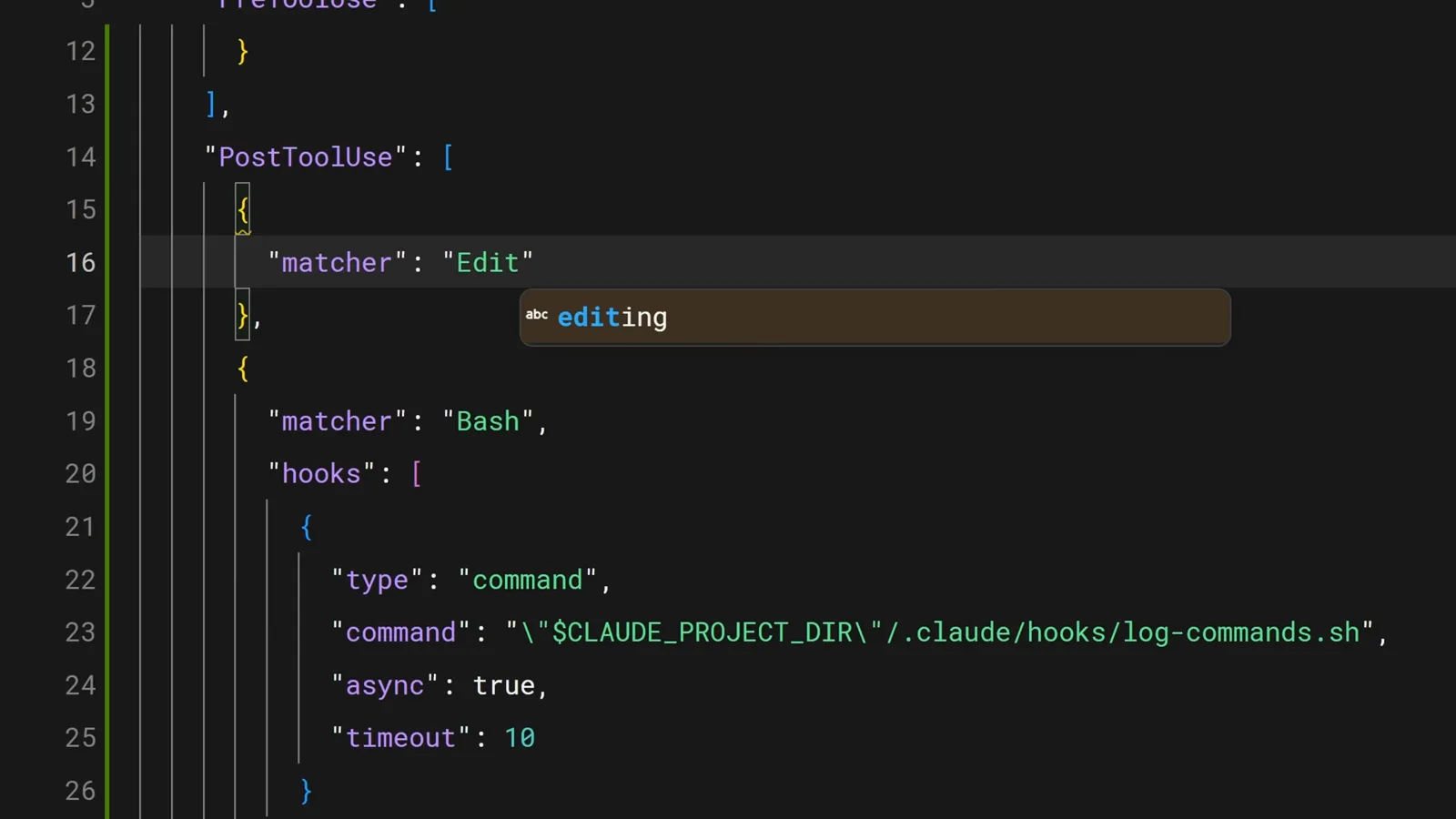 Folder autocomplete dropdown appearing in VS Code while entering the .claude/hooks path for a PostToolUse matcher covering Edit MultiEdit and Write