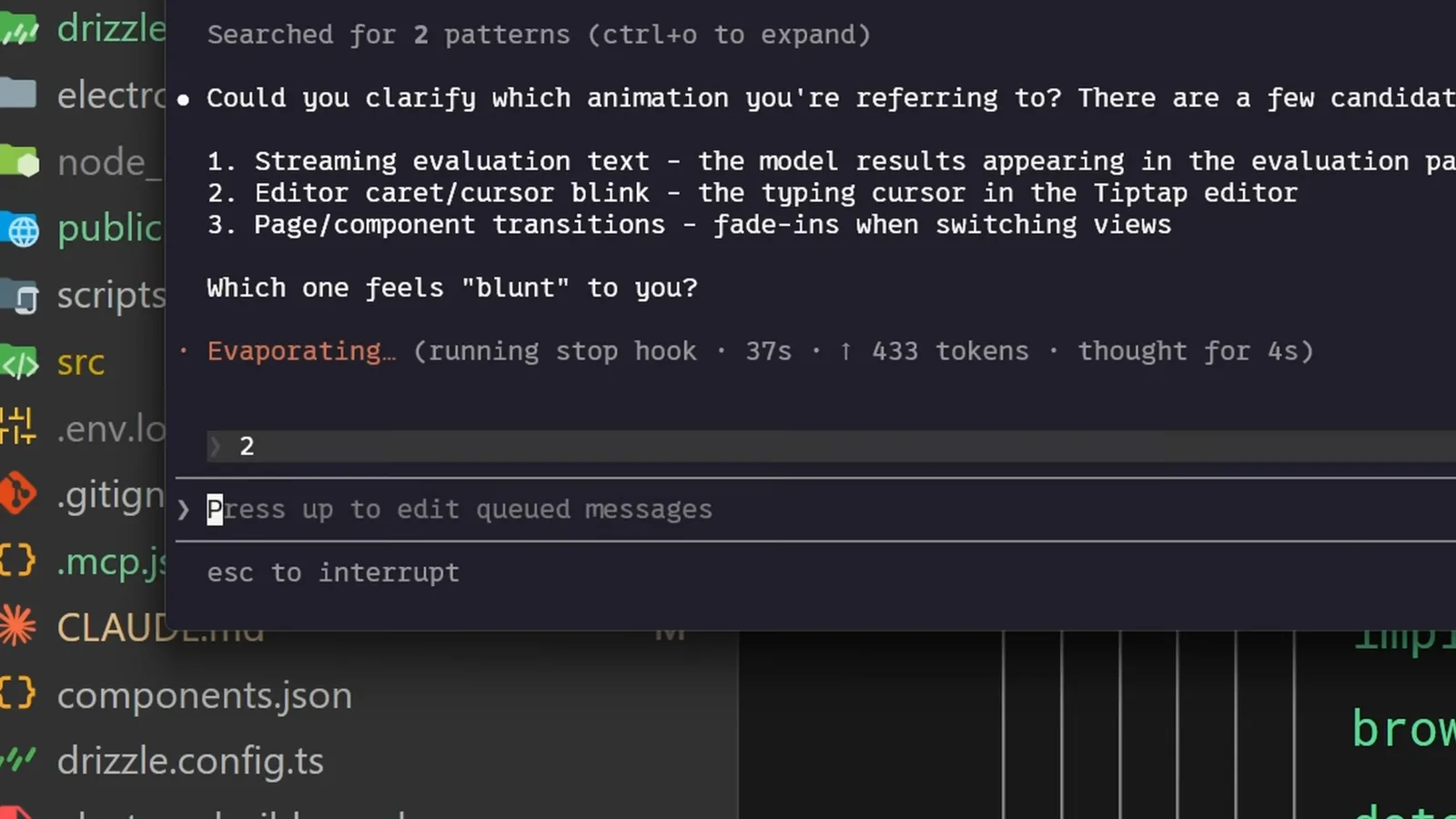 Claude Code terminal status line reading running stop hook with a 37 second timer and 433 tokens, showing a Stop hook executing before the session ends