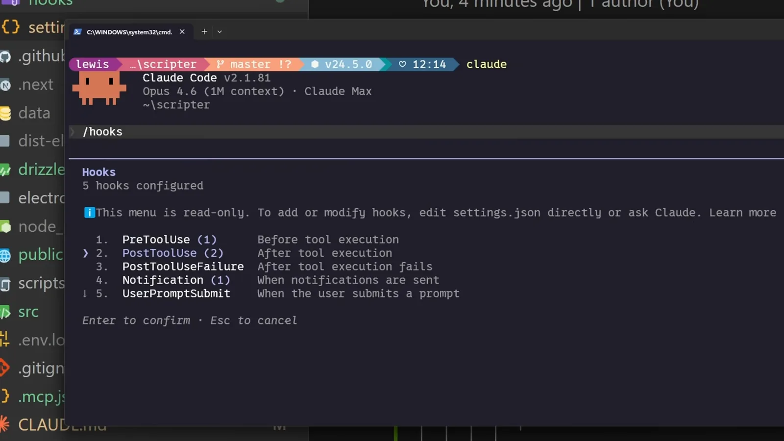 Claude Code slash hooks menu listing five configured hooks across PreToolUse PostToolUse Notification and UserPromptSubmit with their firing conditions