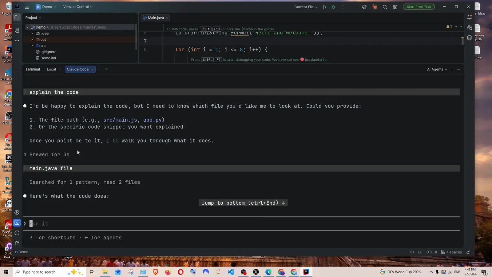 Claude Code panel in IntelliJ IDEA replying to the prompt explain the code by asking which file to look at, offering to take a file path like src/main.js or a pasted snippet, above the main.java file answer being submitted