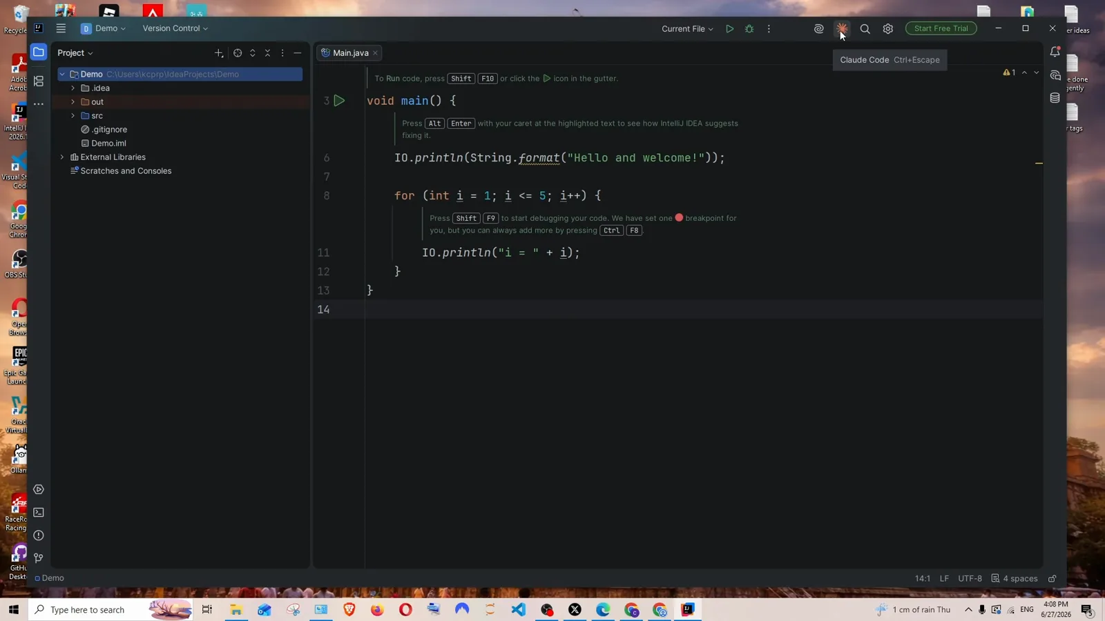 Claude Code starburst icon hovered in the IntelliJ IDEA top toolbar with the tooltip Claude Code Ctrl+Escape showing next to it after the plugin install finishes